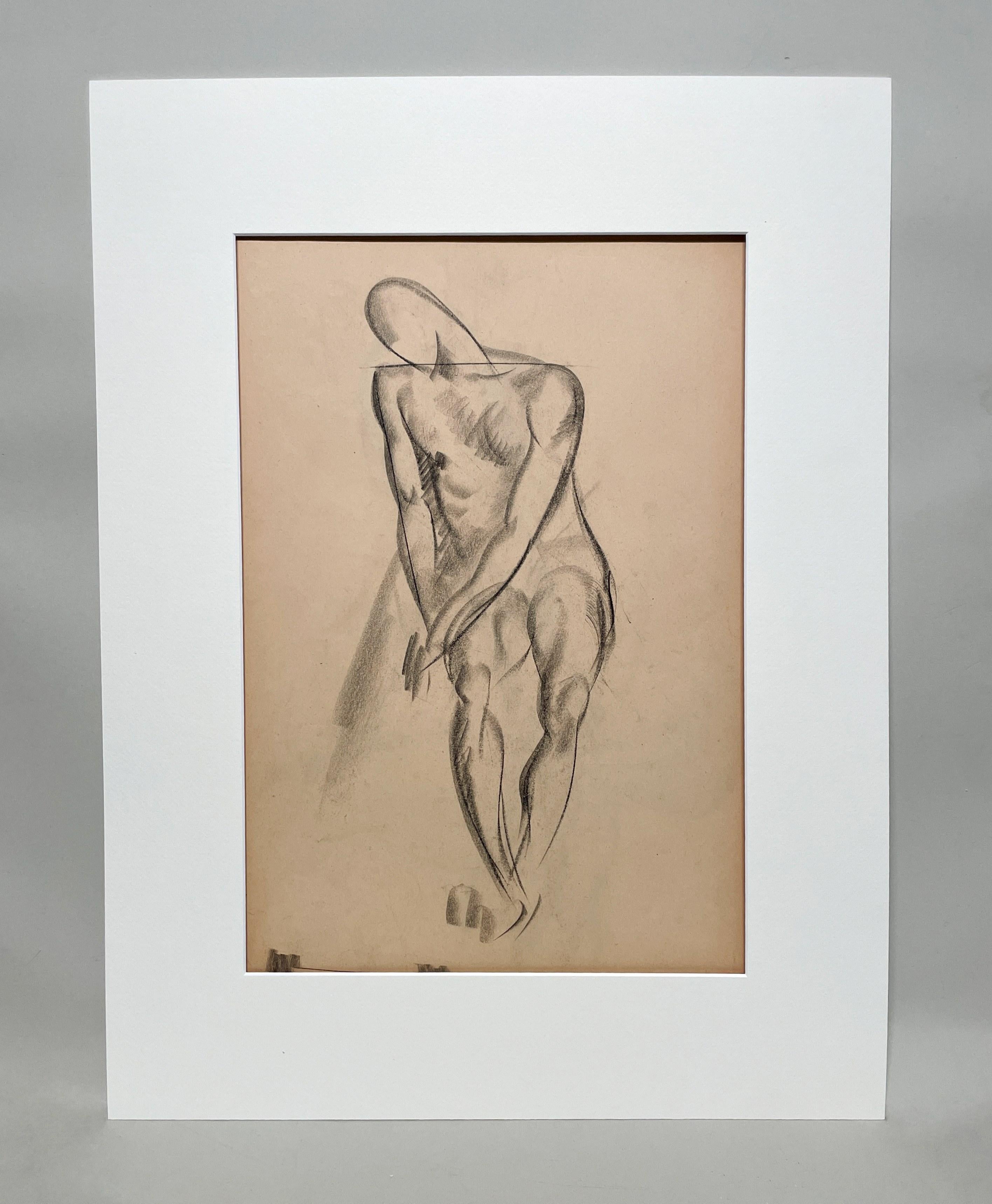 Fine Arttych Fine Arts, Art Deco Modern Academic Figure Study Drawing, Seated Male Model. - Beige Figurative Art par Harold Haydon