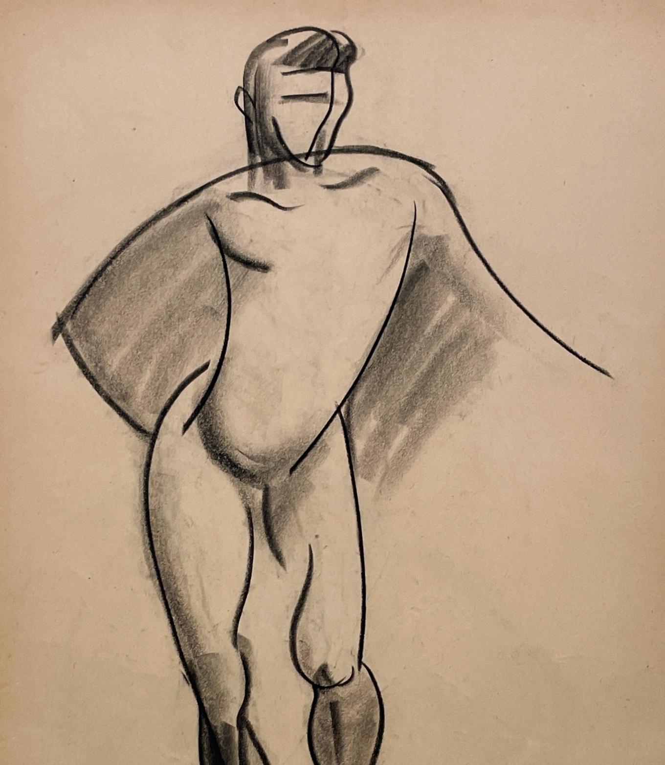 Un raffinato disegno di studio di figura accademica moderna Art Deco degli anni '30, con modello maschile in piedi in vendita 1