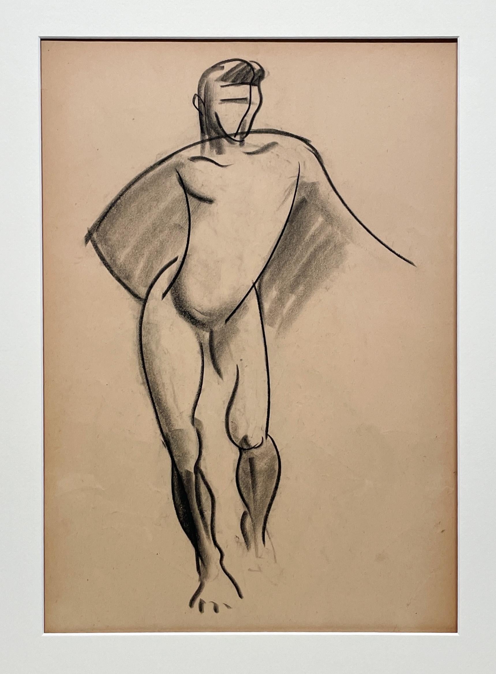 Un raffinato disegno di studio di figura accademica moderna Art Deco degli anni '30 di un modello di nudo maschile in piedi del noto artista di Chicago Harold Haydon (Am. 1909-1994).  Un disegno a carboncino di Haydon dei primi anni '30,