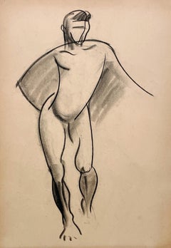 Un raffinato disegno di studio di figura accademica moderna Art Deco degli anni '30, con modello maschile in piedi