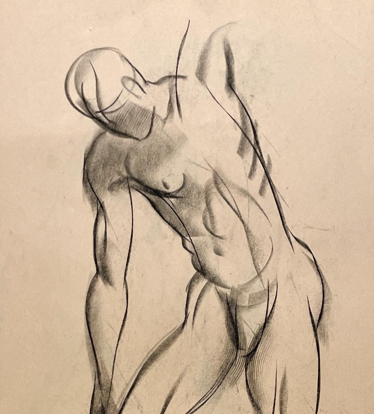 Un raffinato disegno di studio di figura accademica moderna degli anni '30, con modello maschile in piedi - Nude Beige di Harold Haydon