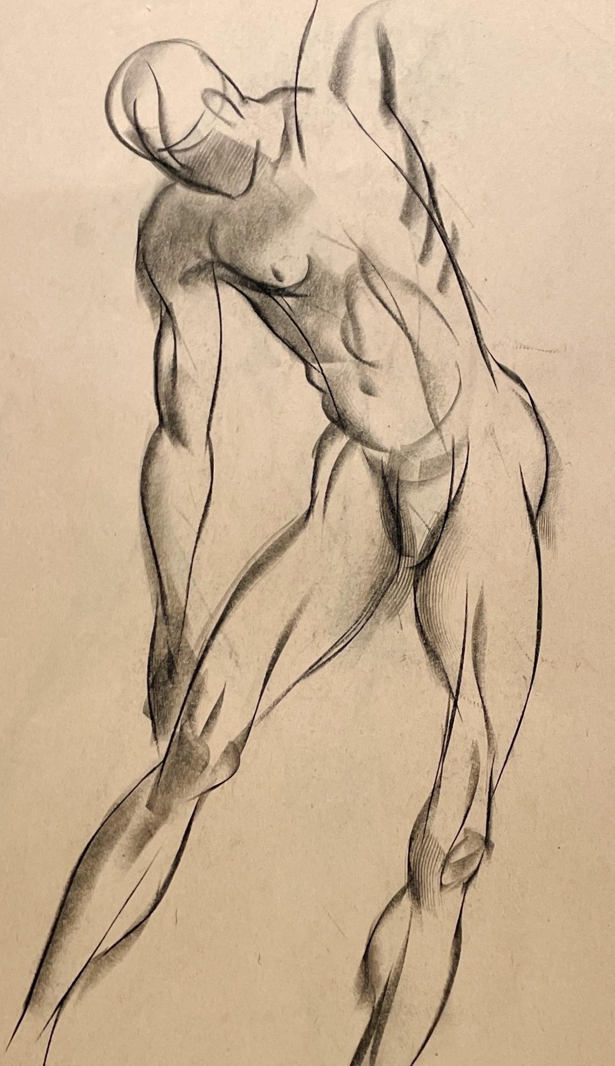 Un raffinato disegno di studio di figura accademica moderna degli anni '30, con un modello di nudo maschile seduto, realizzato dal noto artista di Chicago Harold Haydon (Am. 1909-1994).  Un disegno a carboncino di Haydon dei primi anni '30,