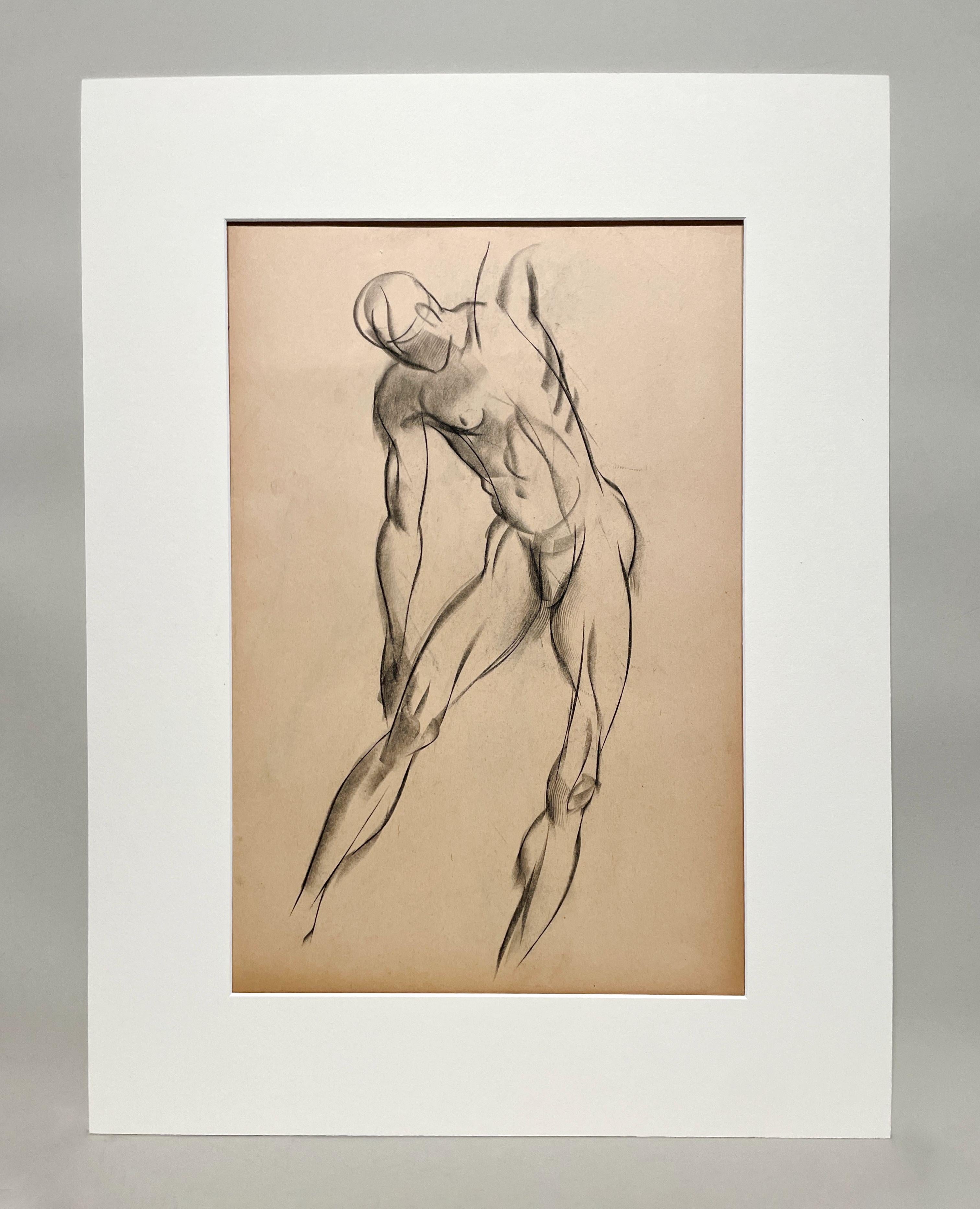 Un raffinato disegno di studio di figura accademica moderna degli anni '30, con modello maschile in piedi - Art di Harold Haydon