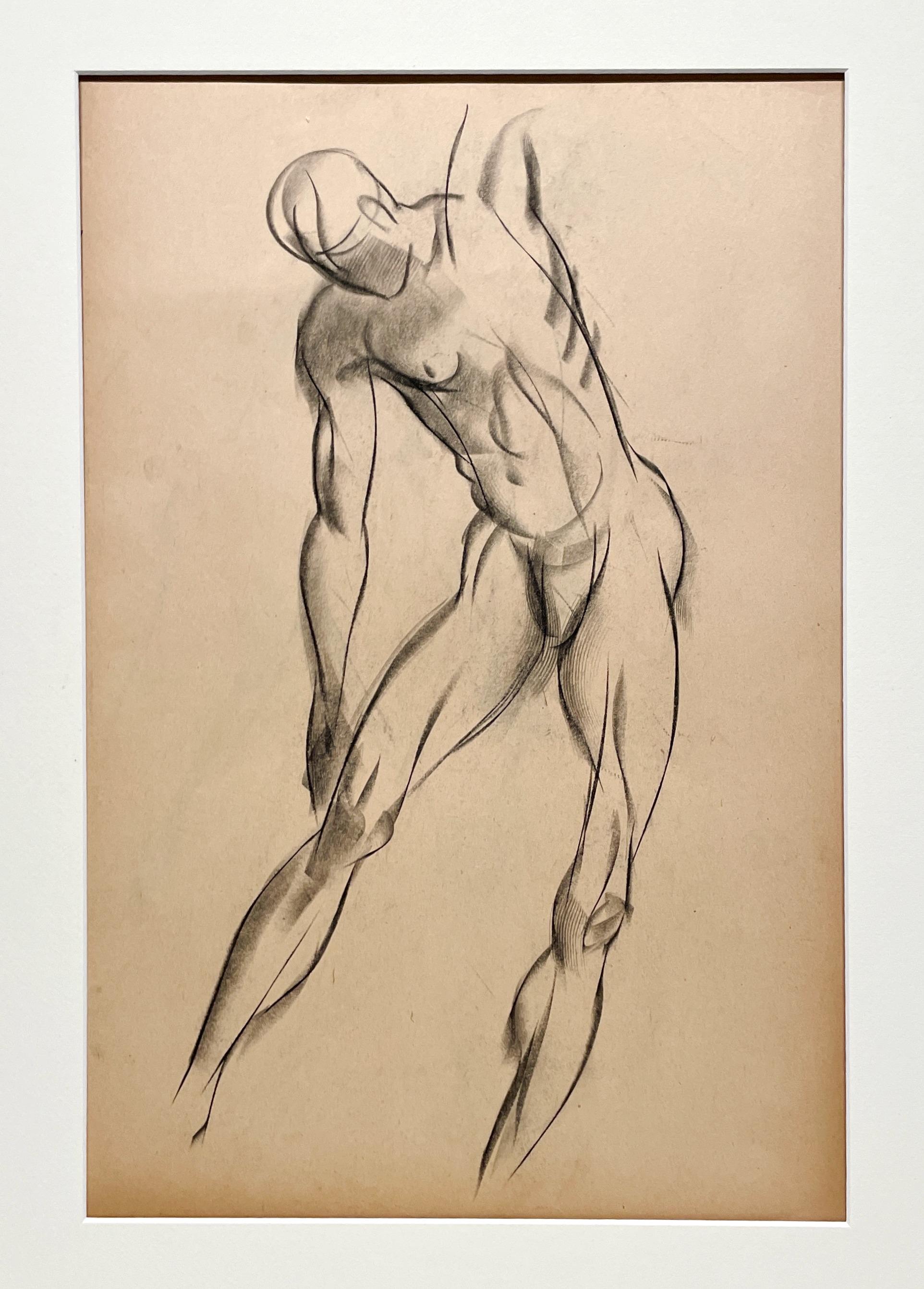 Un raffinato disegno di studio di figura accademica moderna degli anni '30, con modello maschile in piedi - Art American Modern di Harold Haydon