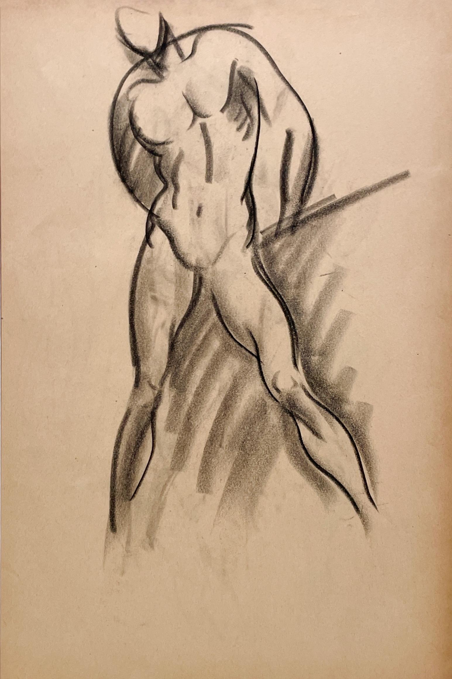 Un raffinato disegno di studio di figura accademica moderna degli anni '30, con modello maschile in piedi