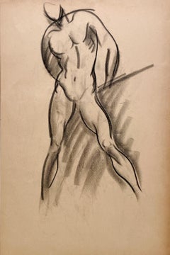 Un raffinato disegno di studio di figura accademica moderna degli anni '30, con modello maschile in piedi