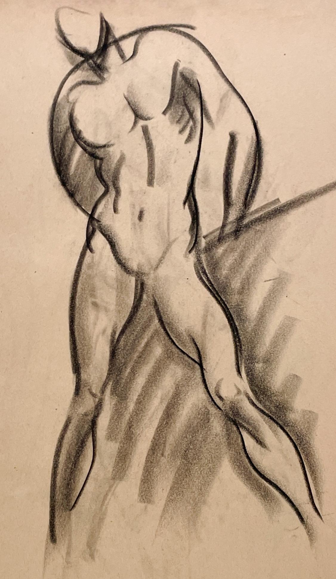 Un raffinato disegno di studio di figura accademica moderna degli anni '30, con un modello di nudo maschile in piedi, realizzato dal noto artista di Chicago Harold Haydon (Am. 1909-1994).  Un disegno a carboncino di Haydon dei primi anni '30,