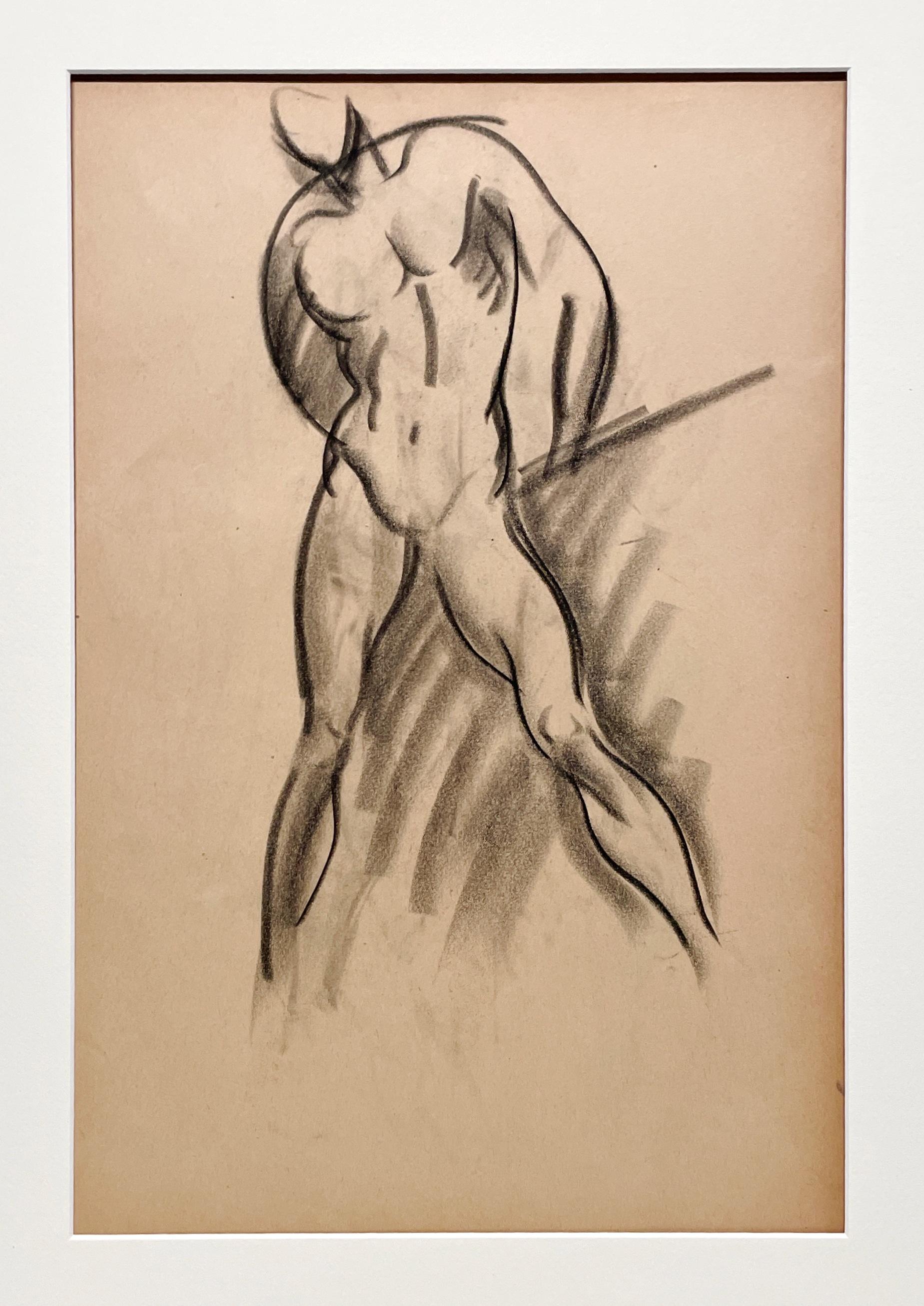 Un raffinato disegno di studio di figura accademica moderna degli anni '30, con modello maschile in piedi - Art American Modern di Harold Haydon