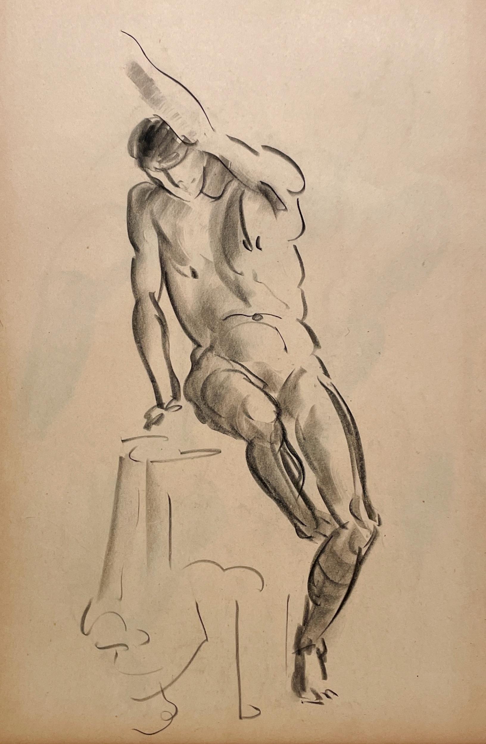 Un raffinato disegno di studio di figura accademica moderna Art Deco degli anni '30, con modello maschile seduto