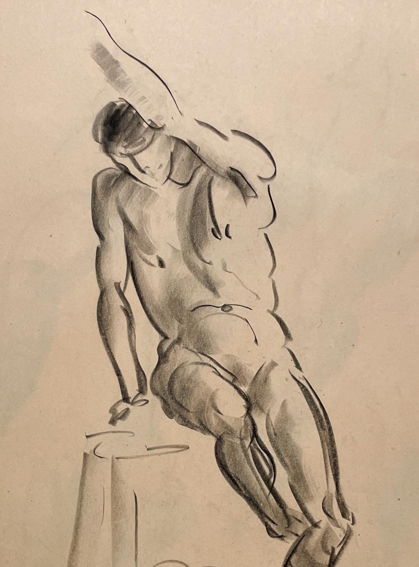Fine Arttych Fine Arts, Art Deco Modern Academic Figure Study Drawing, Seated Male Model. en vente 1