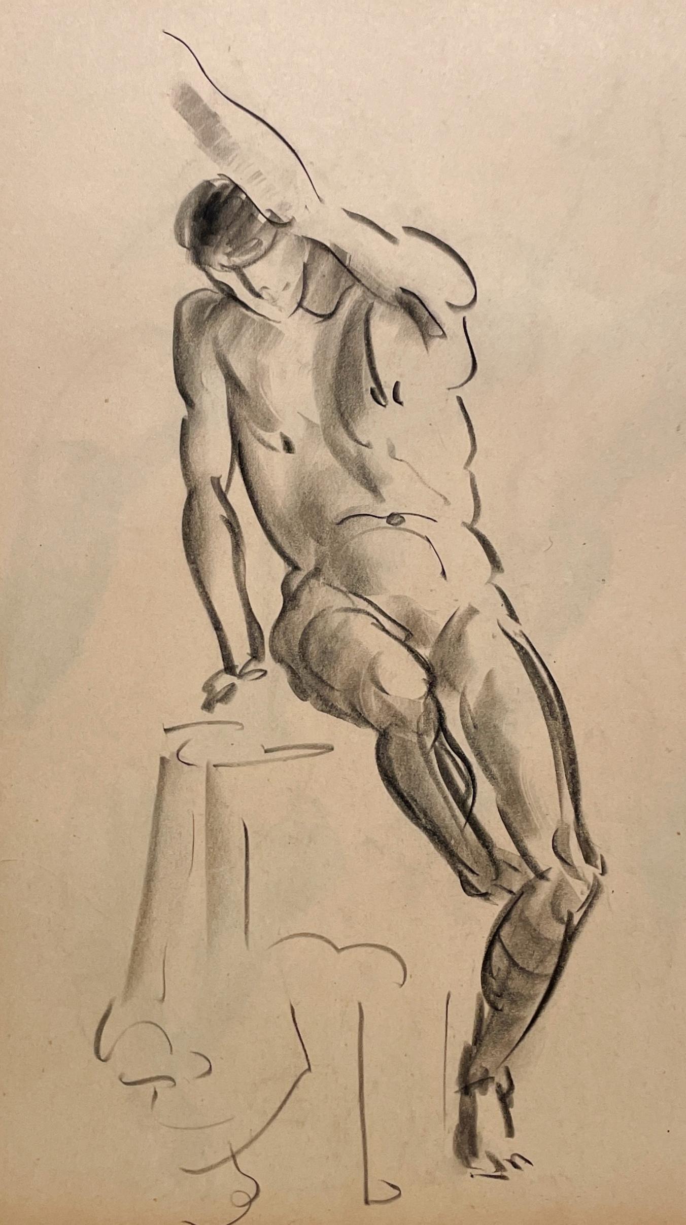 Fine Arttych Fine Arts, Art Deco Modern Academic Figure Study Drawing, Seated Male Model. en vente 2