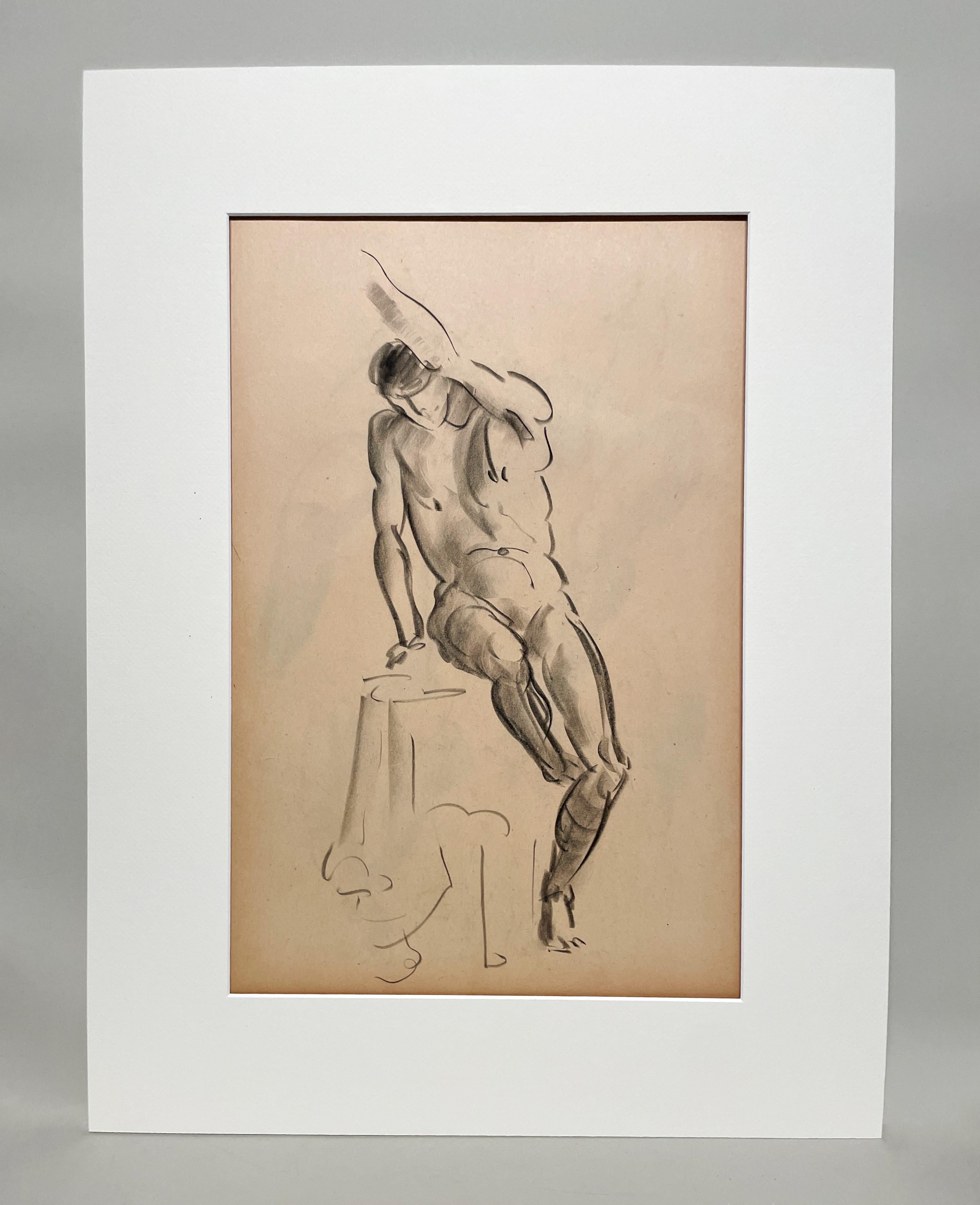 Fine Arttych Fine Arts, Art Deco Modern Academic Figure Study Drawing, Seated Male Model. - Beige Nude par Harold Haydon