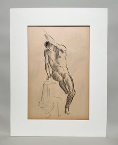 A Fine 1930s, Art Deco Modern Academic Figure Study Drawing, Seated Male Model