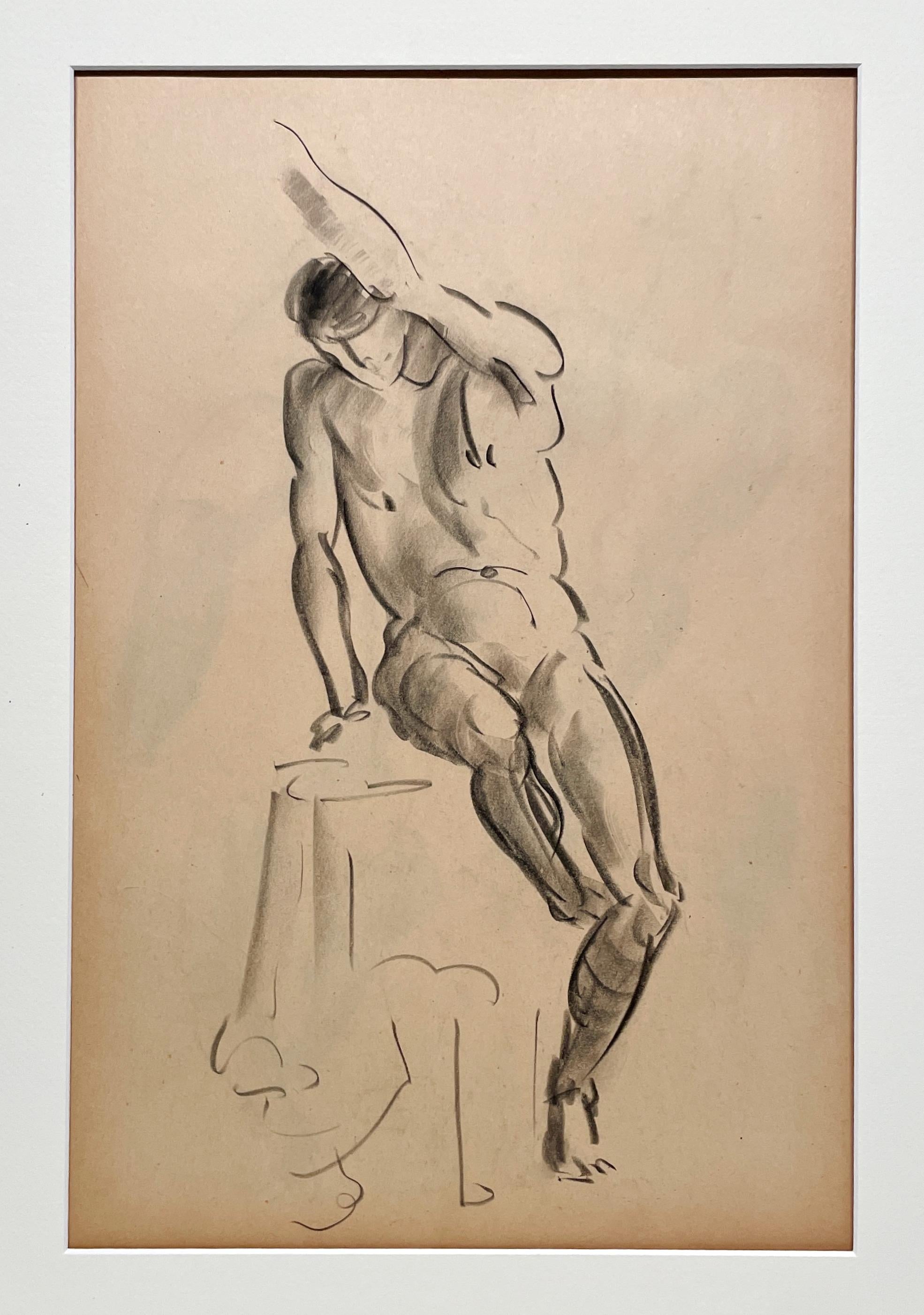 Très beau dessin d'étude de figure académique des années 1930, de style Art déco moderne, représentant un modèle masculin nu assis, réalisé par le célèbre artiste de Chicago, Harold Harold (Am. 1909-1994).  Un dessin au fusain exceptionnellement