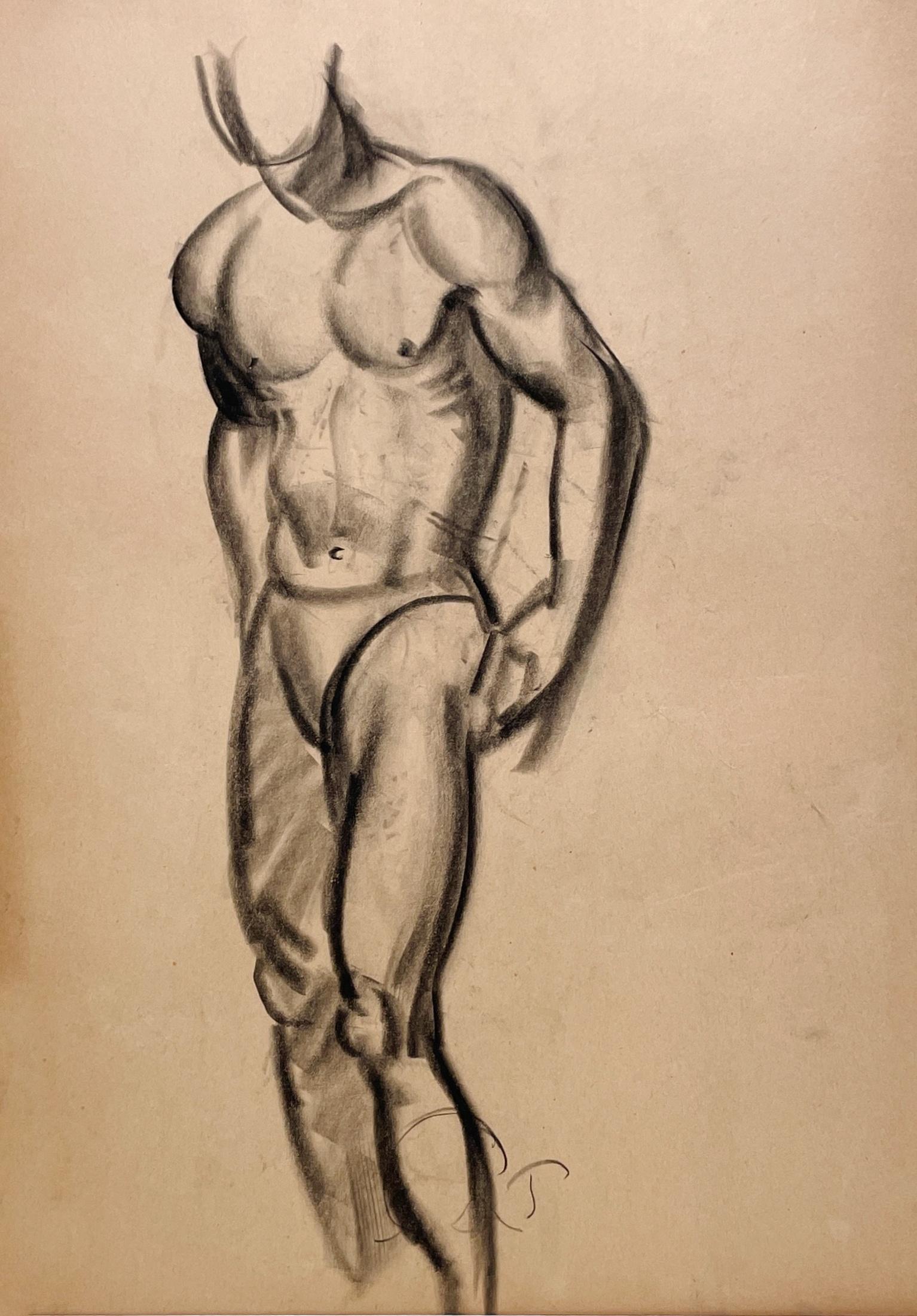 Un raffinato disegno di studio di figura accademica moderna Art Deco degli anni '30, con modello maschile in piedi