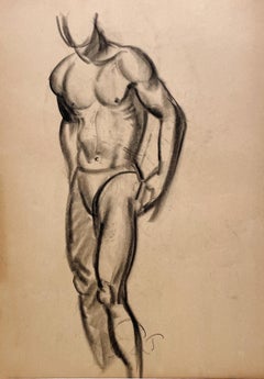 Un raffinato disegno di studio di figura accademica moderna Art Deco degli anni '30, con modello maschile in piedi