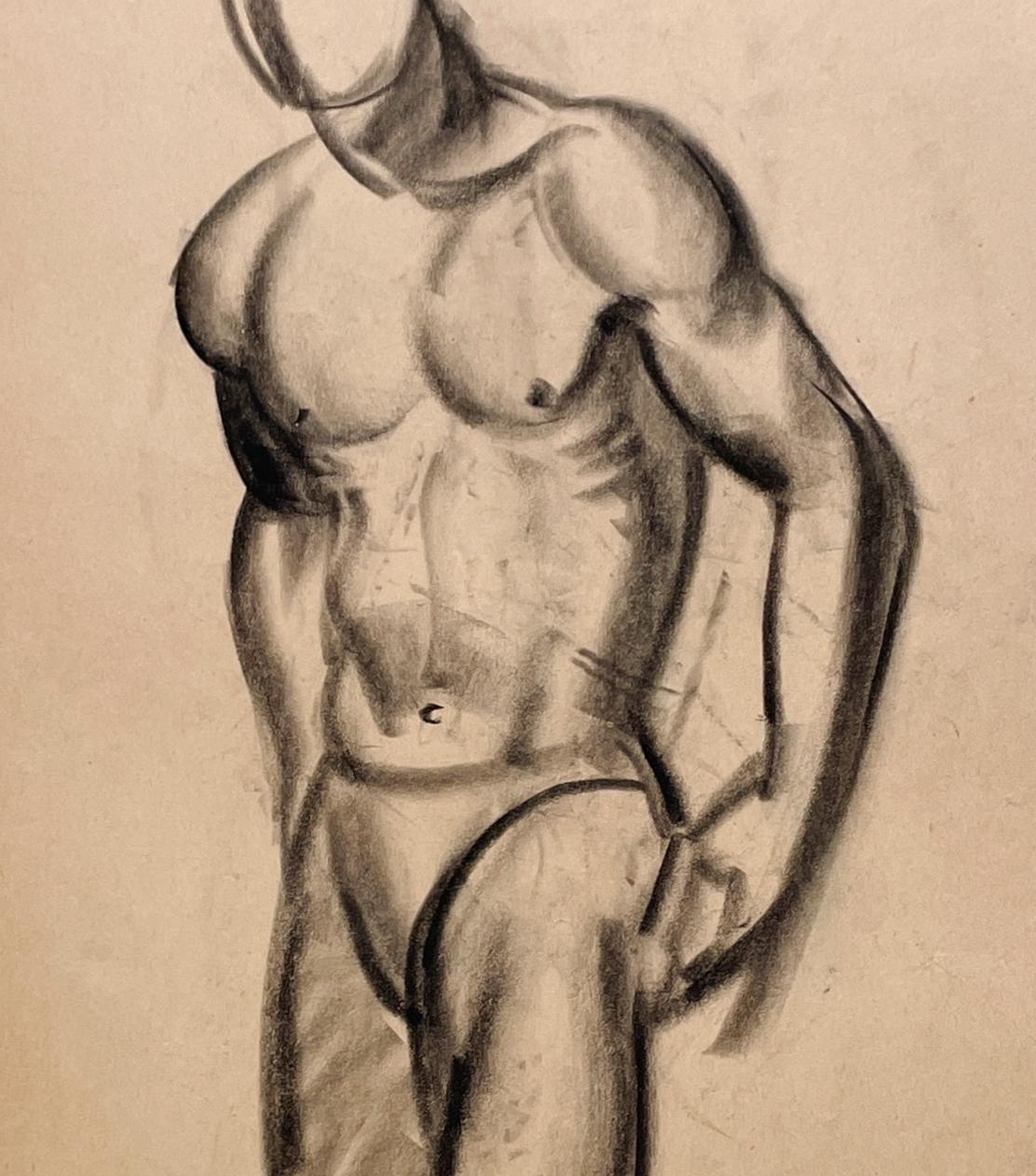Dibujo de estudio de una figura académica moderna Art Decó de los años 30, modelo masculino de pie en venta 2