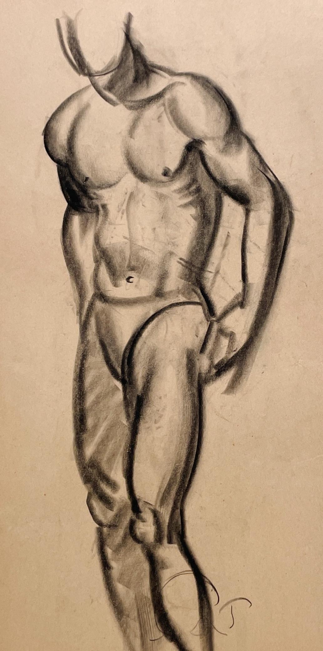 Dibujo de estudio de una figura académica moderna Art Decó de los años 30, modelo masculino de pie en venta 1