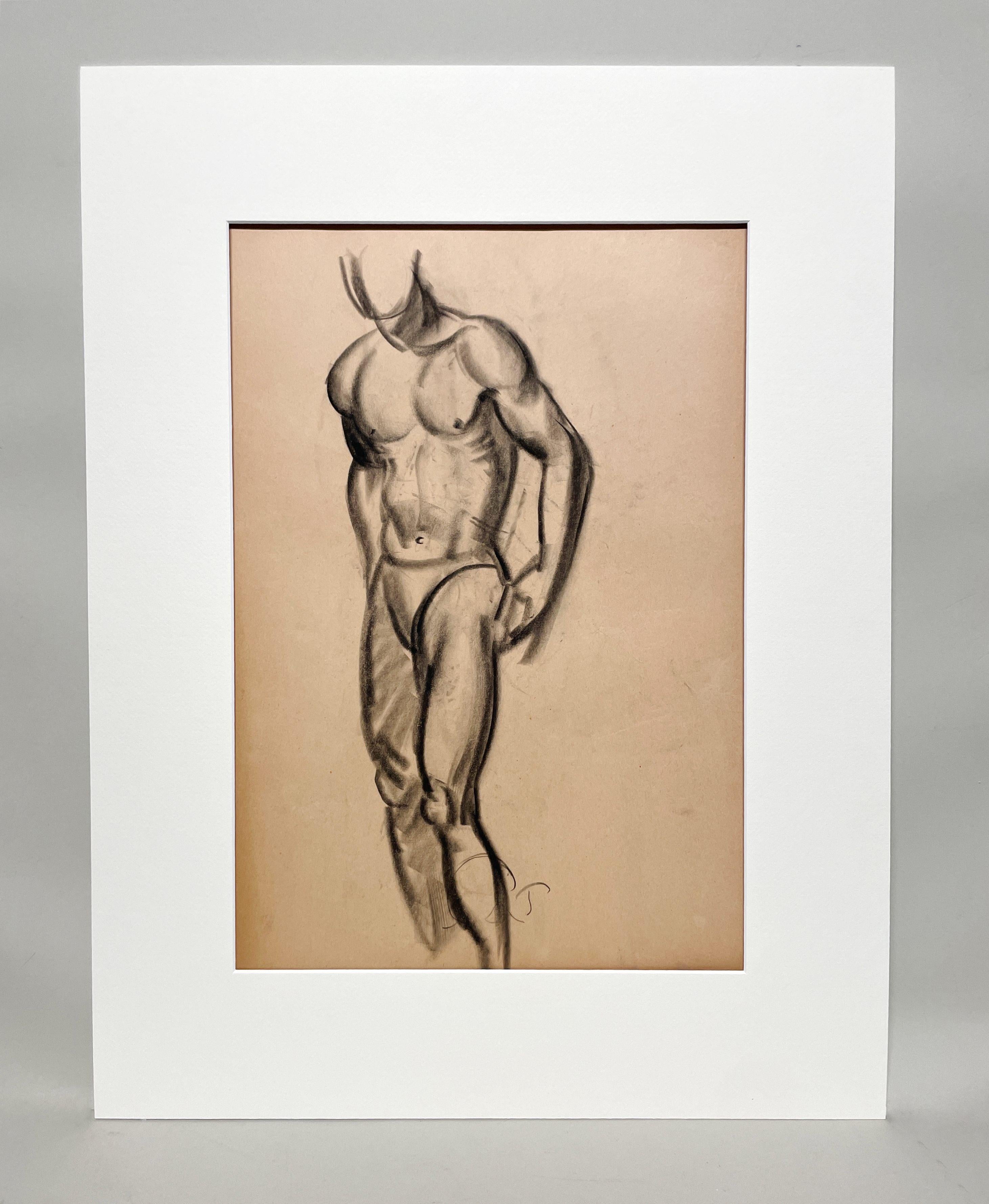 Dibujo de estudio de una figura académica moderna Art Decó de los años 30, modelo masculino de pie - Nude Beige de Harold Haydon