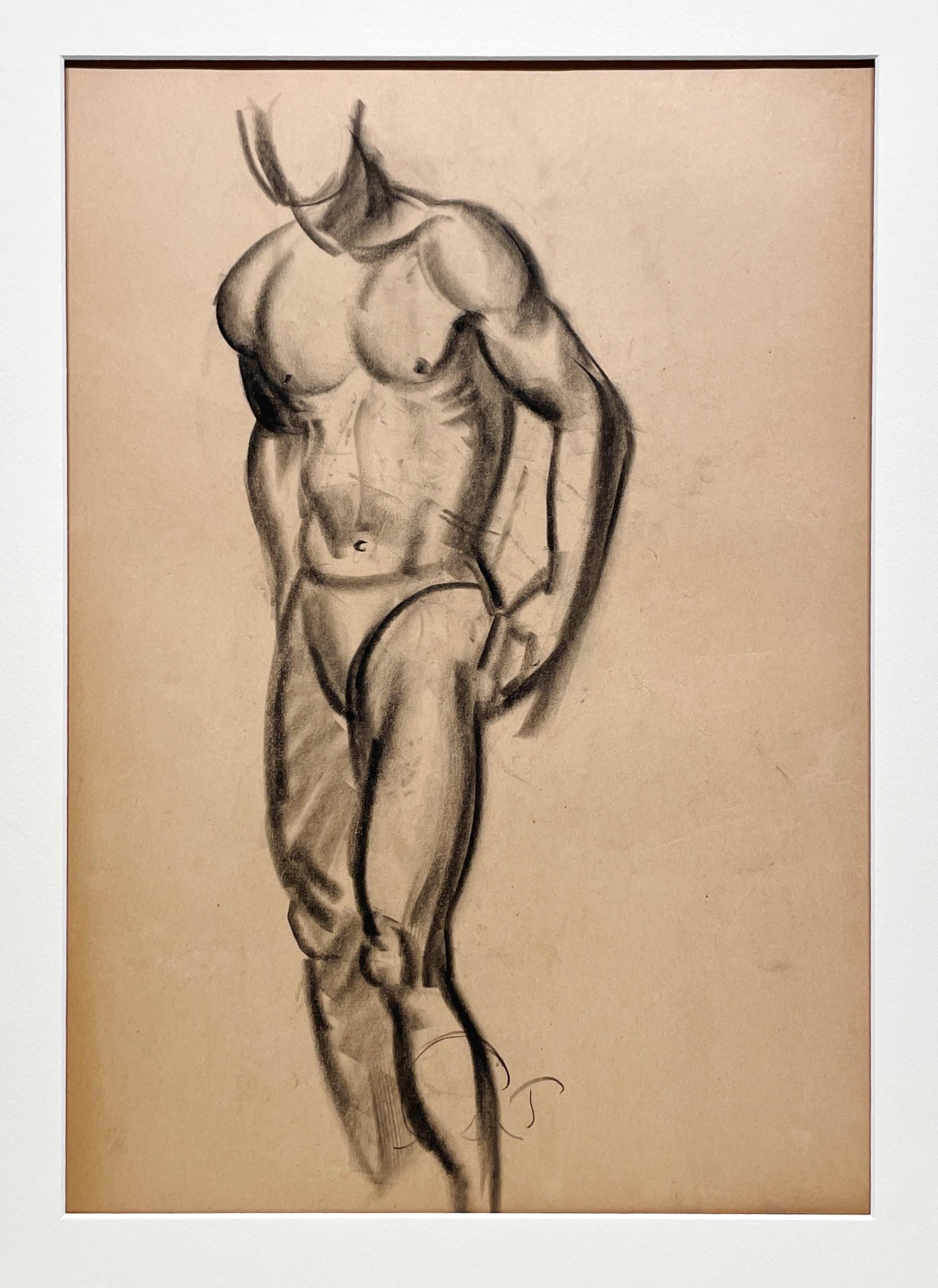 Dibujo de estudio de una figura masculina desnuda de pie, Art Decó moderno de los años 30, del famoso artista de Chicago Harold Haydon (Am. 1909-1994).  Un dibujo a carboncillo de Haydon de principios de los años 30, excepcionalmente bien ejecutado,