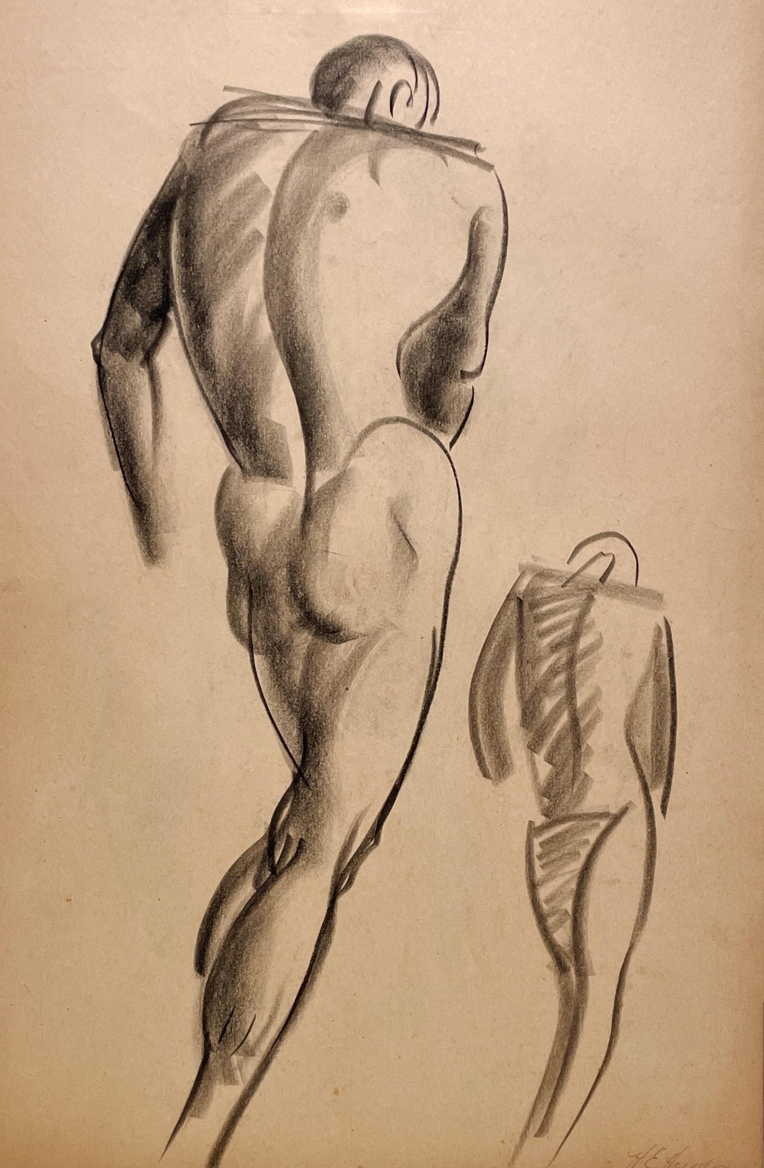 Un raffinato disegno di studio di figura accademica moderna degli anni '30, con modello maschile in piedi (retro)