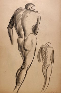 Un raffinato disegno di studio di figura accademica moderna degli anni '30, con modello maschile in piedi (retro)