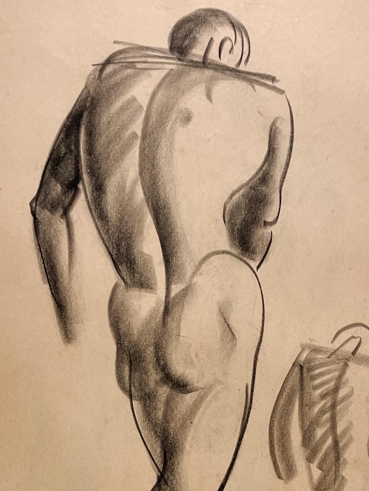 Un beau dessin d'étude de figure académique moderne des années 1930, modèle masculin nu assis (au dos) par le célèbre artiste de Chicago, Harold Haydon (Am. 1909-1994).  Un dessin au fusain exceptionnellement bien exécuté par Haydon au début des