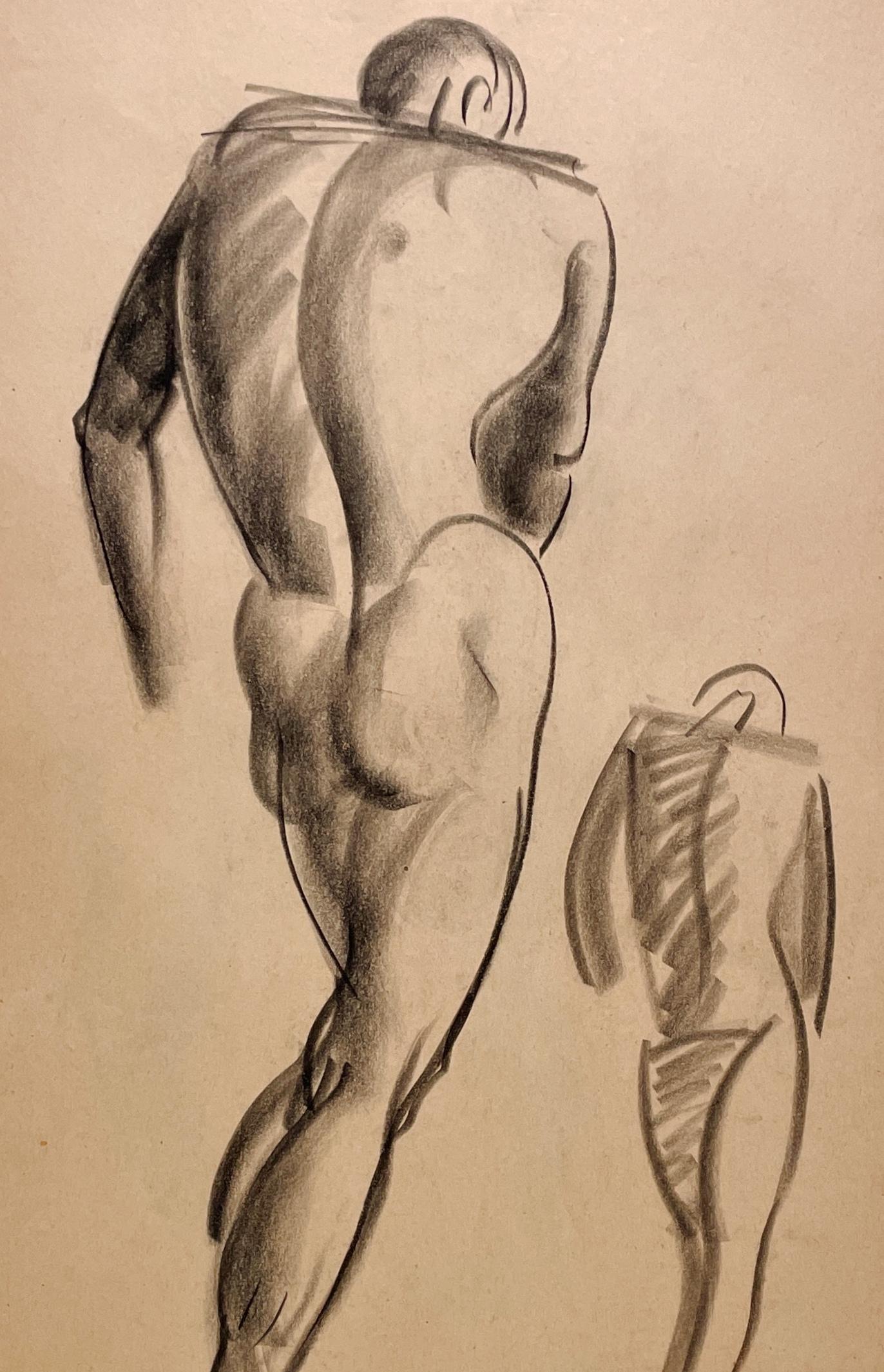 Dessin d'étude de figure académique moderne des années 1930, modèle masculin debout (dos) - Beige Figurative Art par Harold Haydon