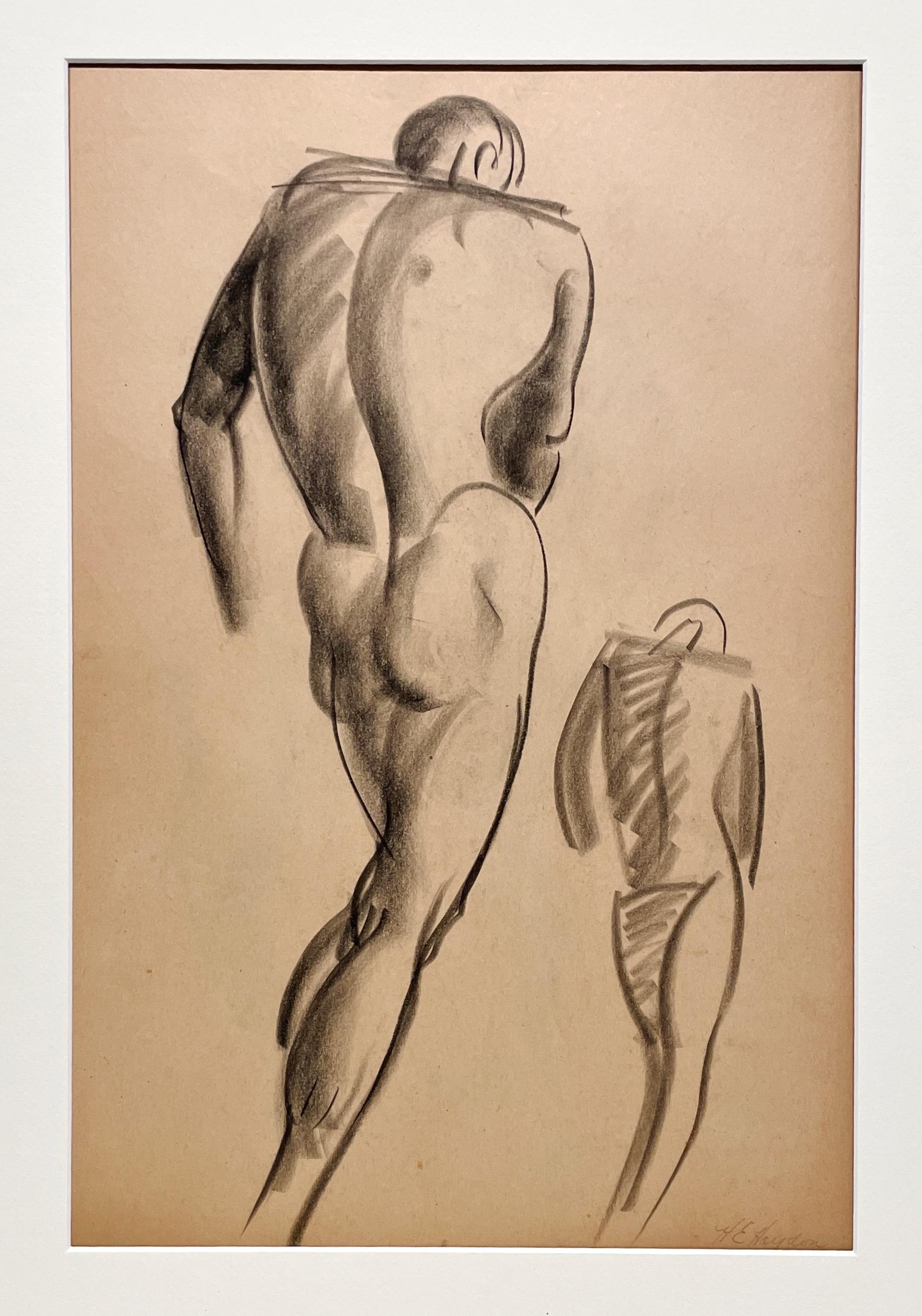 Dessin d'étude de figure académique moderne des années 1930, modèle masculin debout (dos) - Modernisme américain Art par Harold Haydon