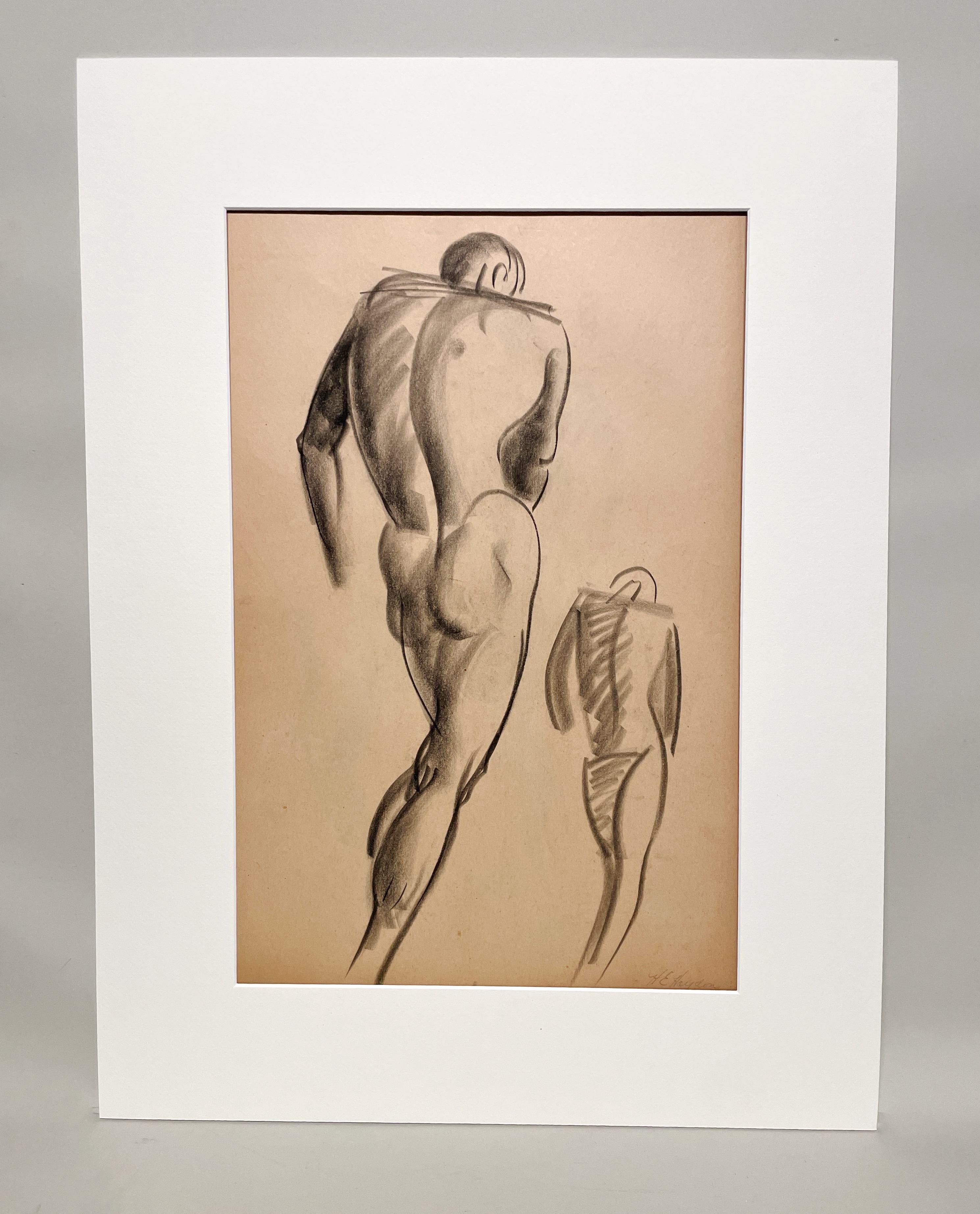 Dessin d'étude de figure académique moderne des années 1930, modèle masculin debout (dos) - Art de Harold Haydon