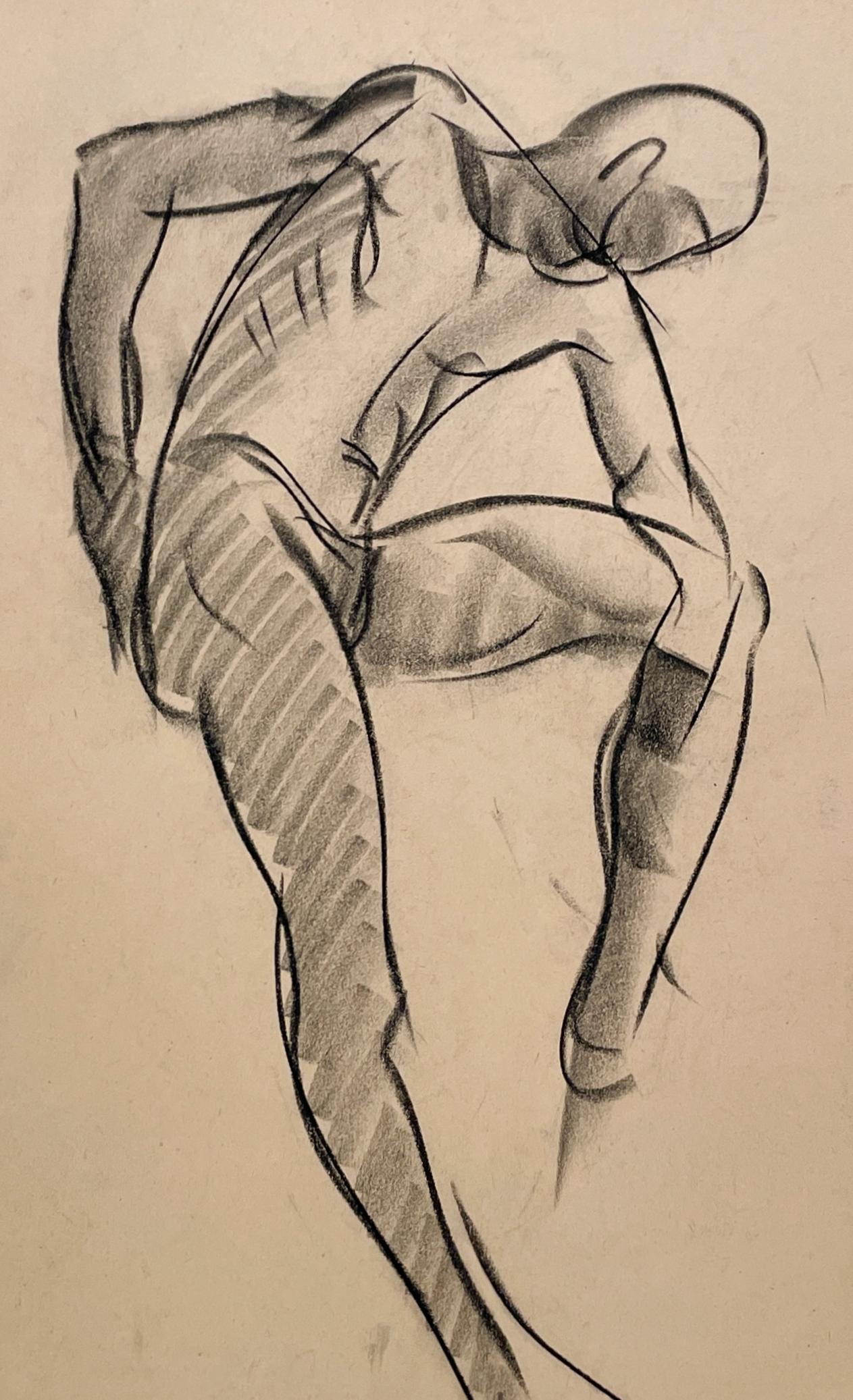 Un raffinato disegno di studio di figura accademica moderna degli anni '30, con modello maschile seduto - Nude Beige di Harold Haydon