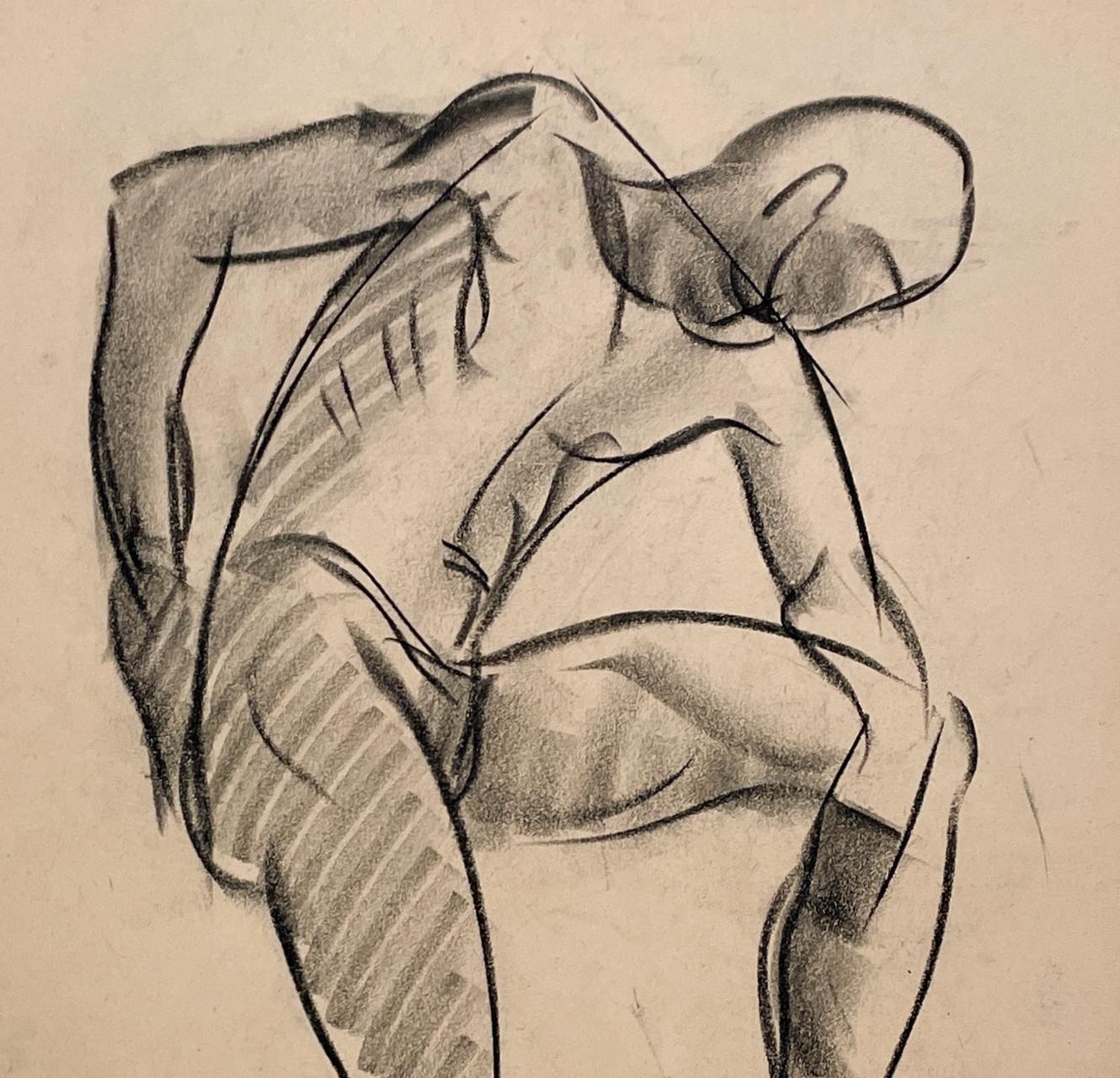 Un raffinato disegno di studio di figura accademica moderna degli anni '30 di un modello di nudo maschile seduto del noto artista di Chicago Harold Haydon (Am. 1909-1994).  Un disegno a carboncino di Haydon dei primi anni '30, eccezionalmente ben