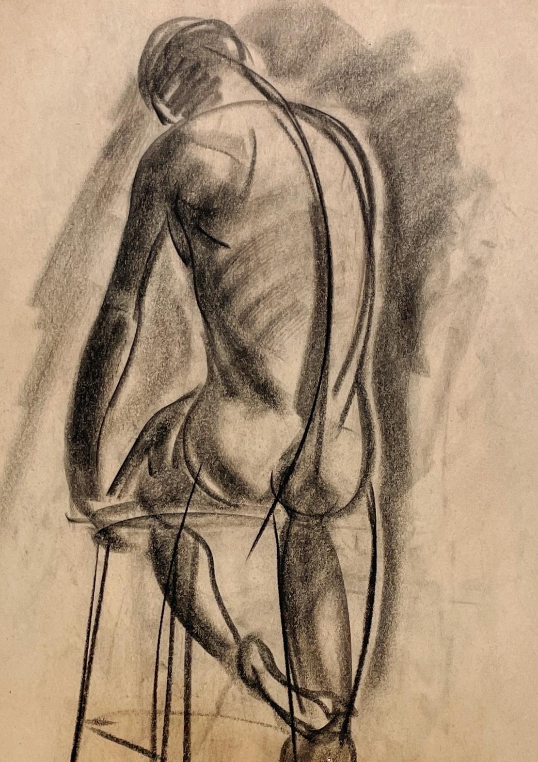 Un raffinato disegno di studio di figura accademica moderna degli anni '30, con modello maschile in piedi (retro) - Nude Beige di Harold Haydon