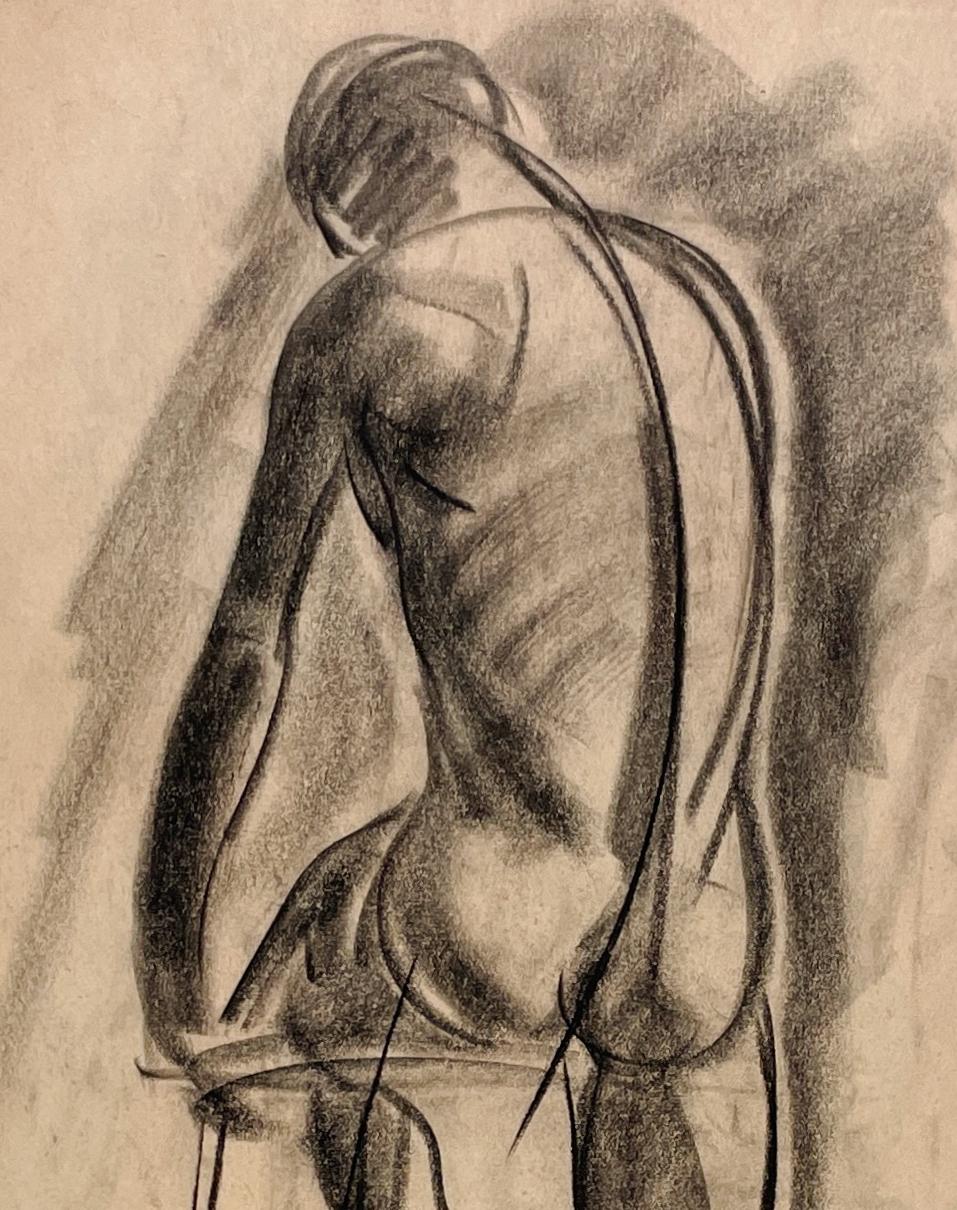Un raffinato disegno di studio di figura accademica moderna degli anni '30, con un modello di nudo maschile seduto (schiena) del noto artista di Chicago Harold Haydon (Am. 1909-1994).  Un disegno a carboncino di Haydon dei primi anni '30,