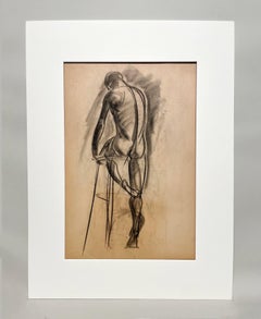 Dibujo de estudio de una figura académica moderna de los años 30, modelo masculino de pie (de espaldas).