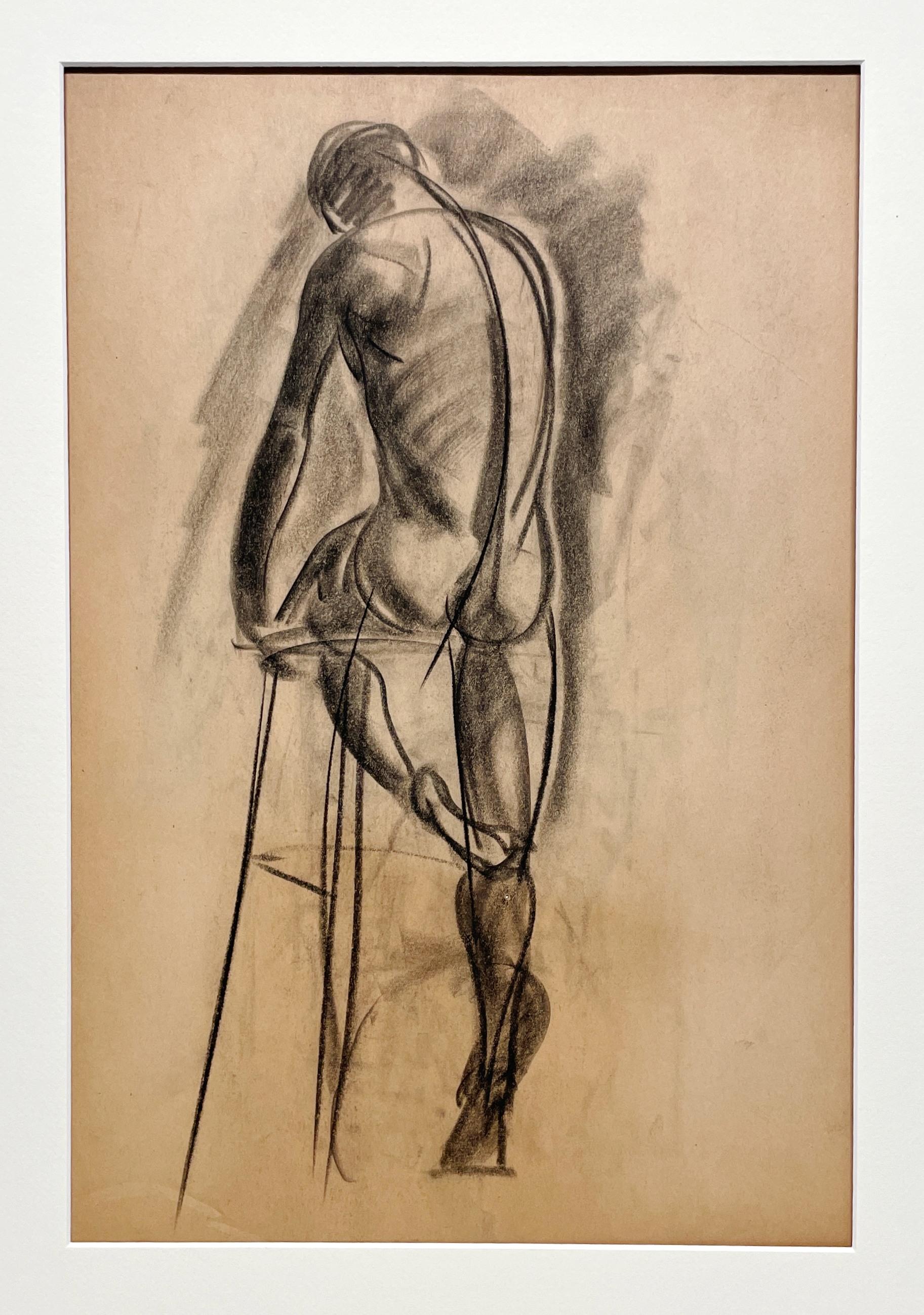 Un raffinato disegno di studio di figura accademica moderna degli anni '30, con modello maschile in piedi (retro) - Art American Modern di Harold Haydon