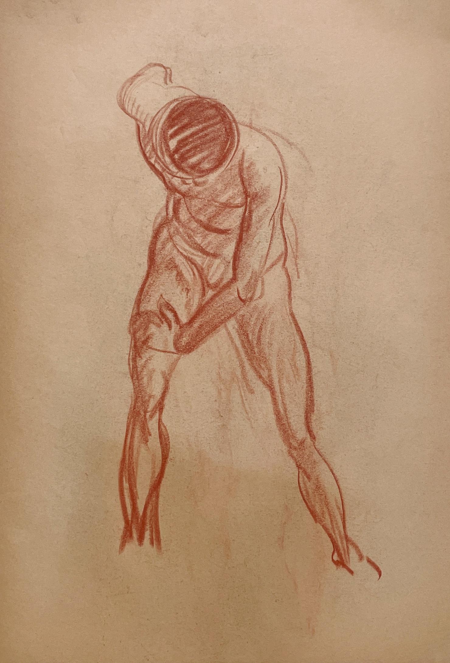 Dibujo de estudio de una figura académica moderna de los años 30, modelo masculino de pie - Nude Marrón de Harold Haydon