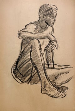 A Fine 1930s, Modern Academic Figure Study Drawing, Seated Male Model, Young Man