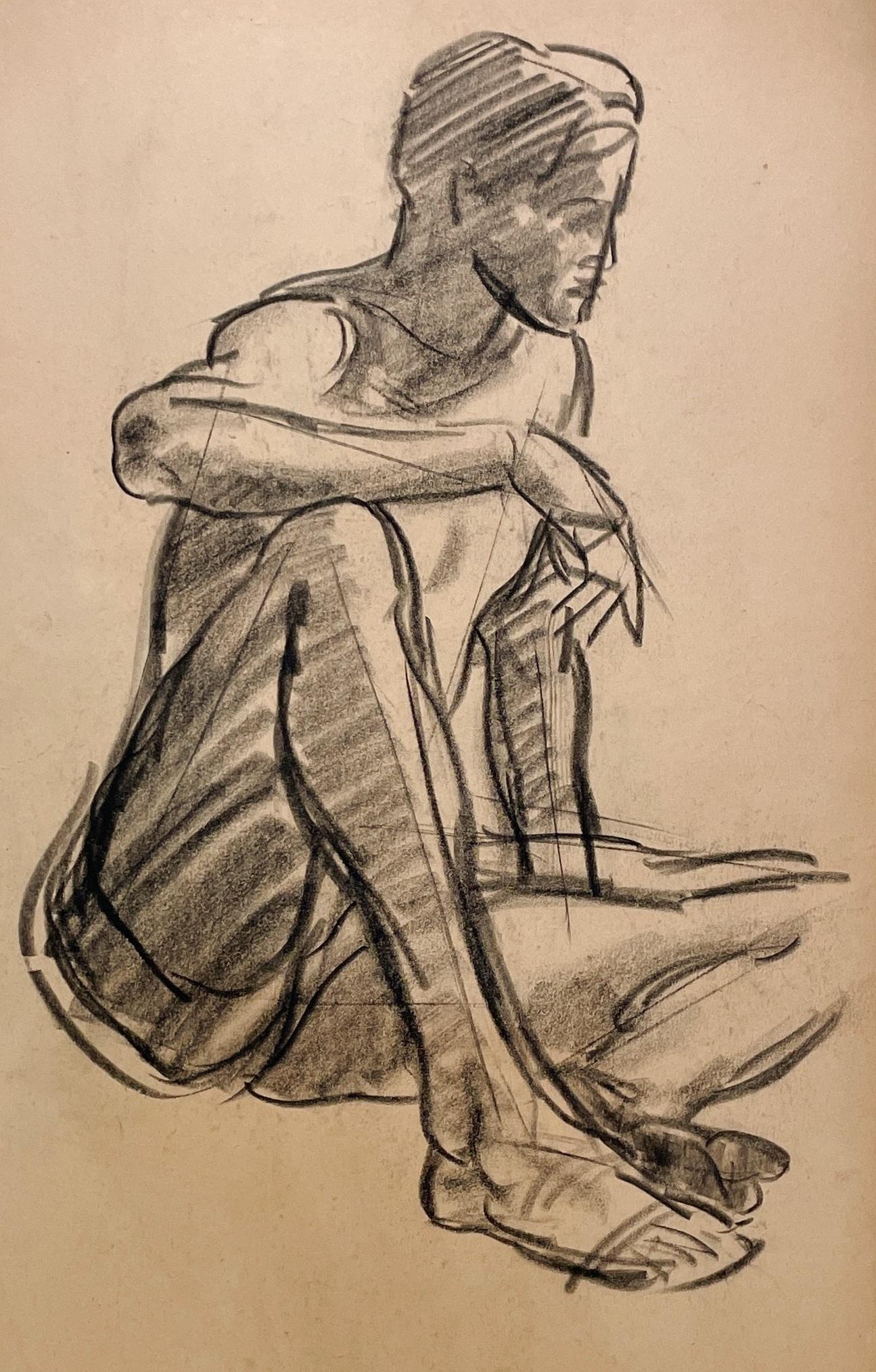 Un raffinato disegno di studio di figura accademica moderna degli anni '30, modello maschile seduto, giovane uomo - Figurative Art Beige di Harold Haydon