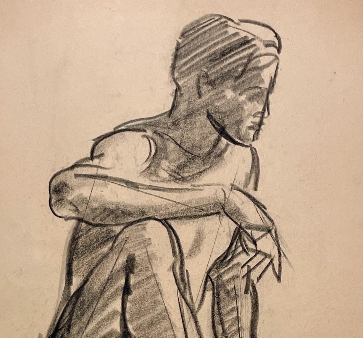 Un raffinato disegno di studio di figura accademica moderna degli anni '30, con un modello di nudo maschile seduto (schiena) del noto artista di Chicago Harold Haydon (Am. 1909-1994).  Un disegno a carboncino di Haydon dei primi anni '30,