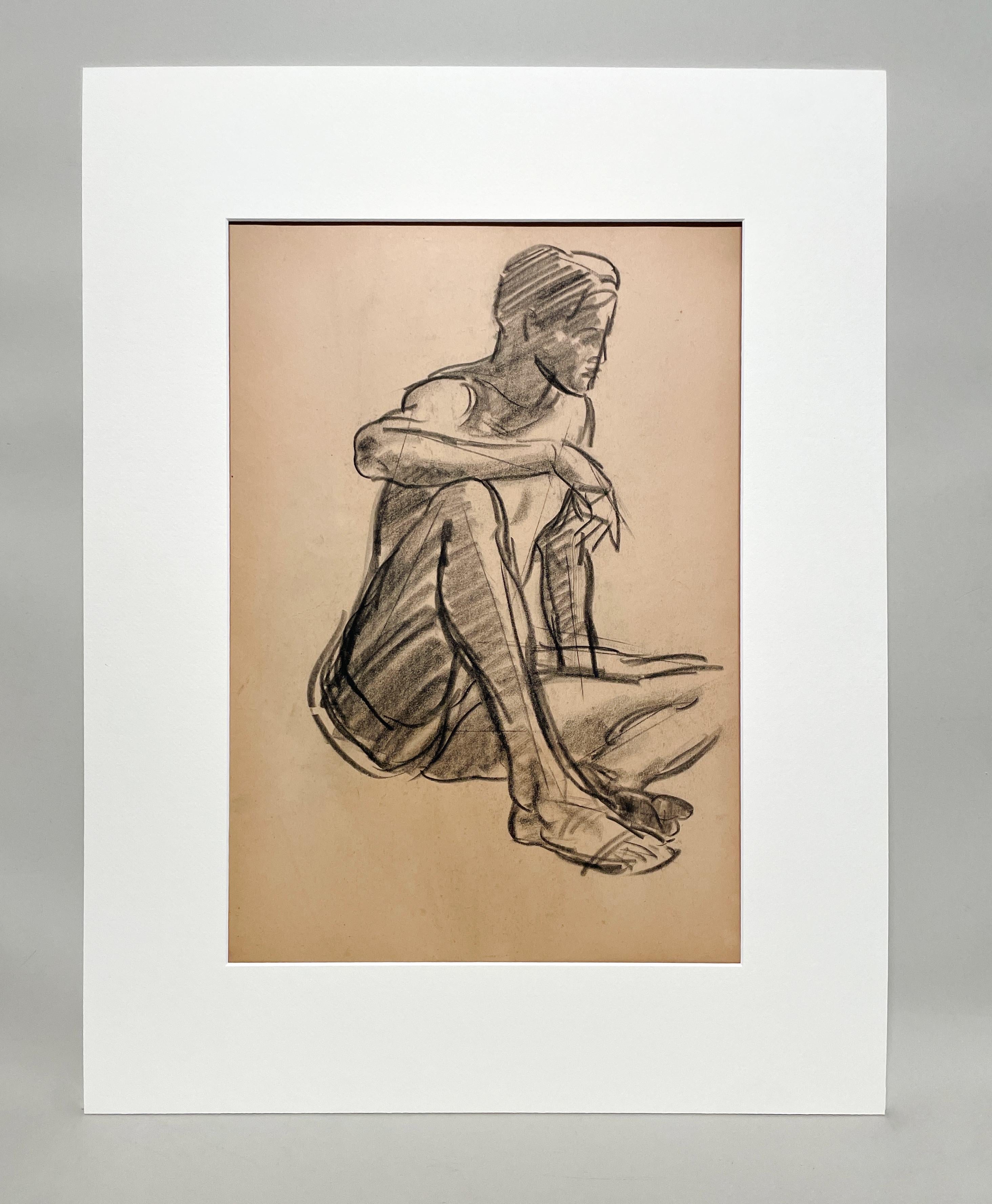 Un raffinato disegno di studio di figura accademica moderna degli anni '30, modello maschile seduto, giovane uomo - Art di Harold Haydon