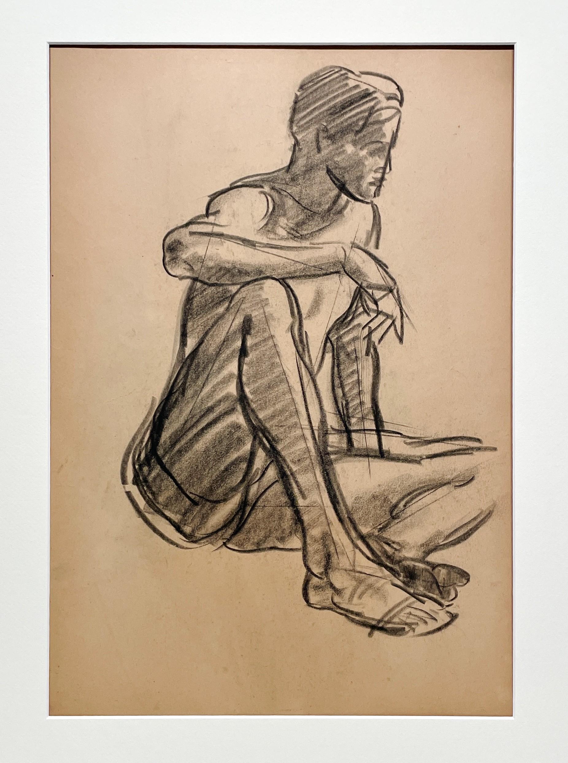Un raffinato disegno di studio di figura accademica moderna degli anni '30, modello maschile seduto, giovane uomo - Art American Modern di Harold Haydon