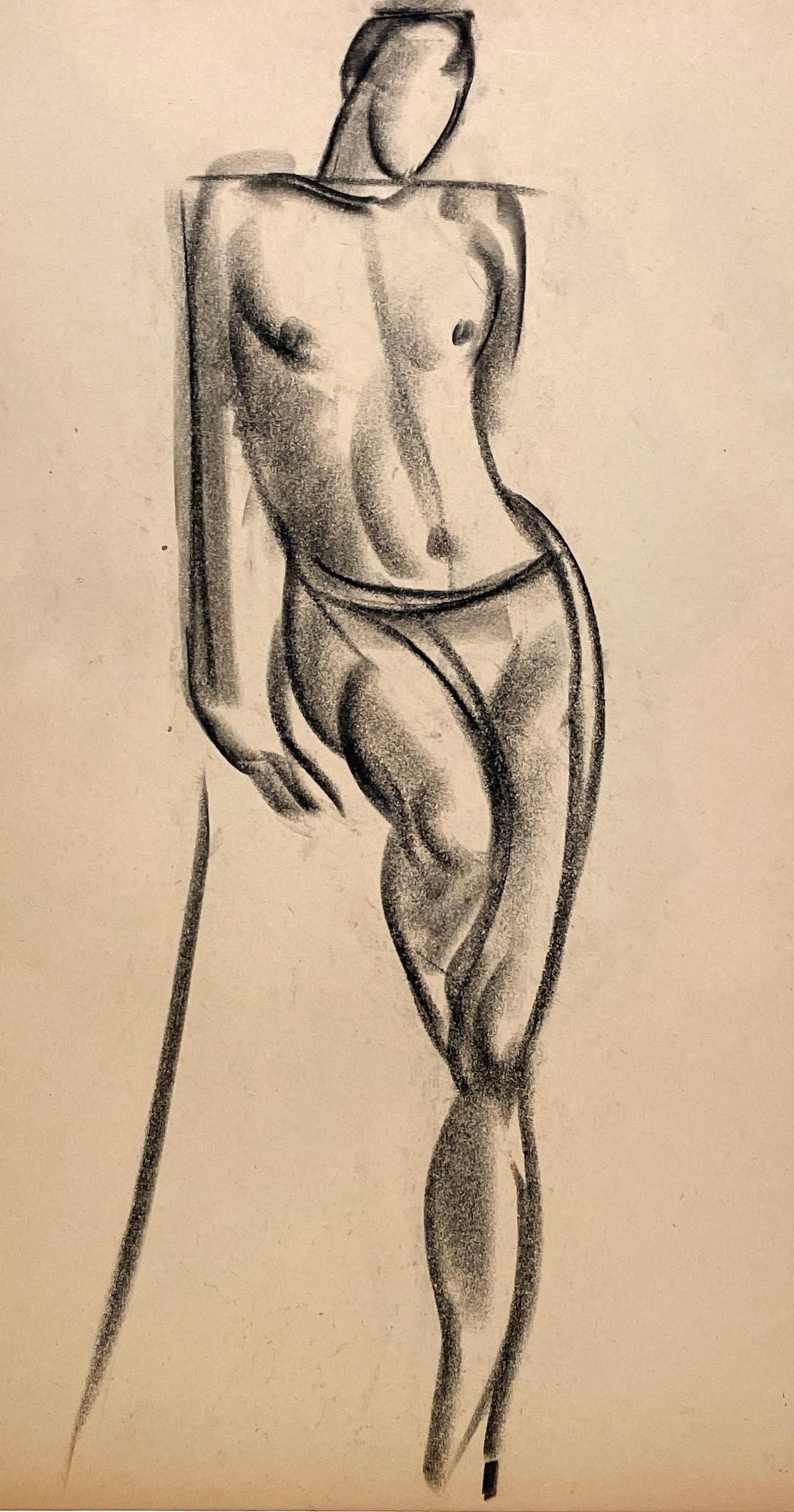 A Fine 1930s, Art Deco Modern Academic Figure Study Drawing, Standing Male Model For Sale 2