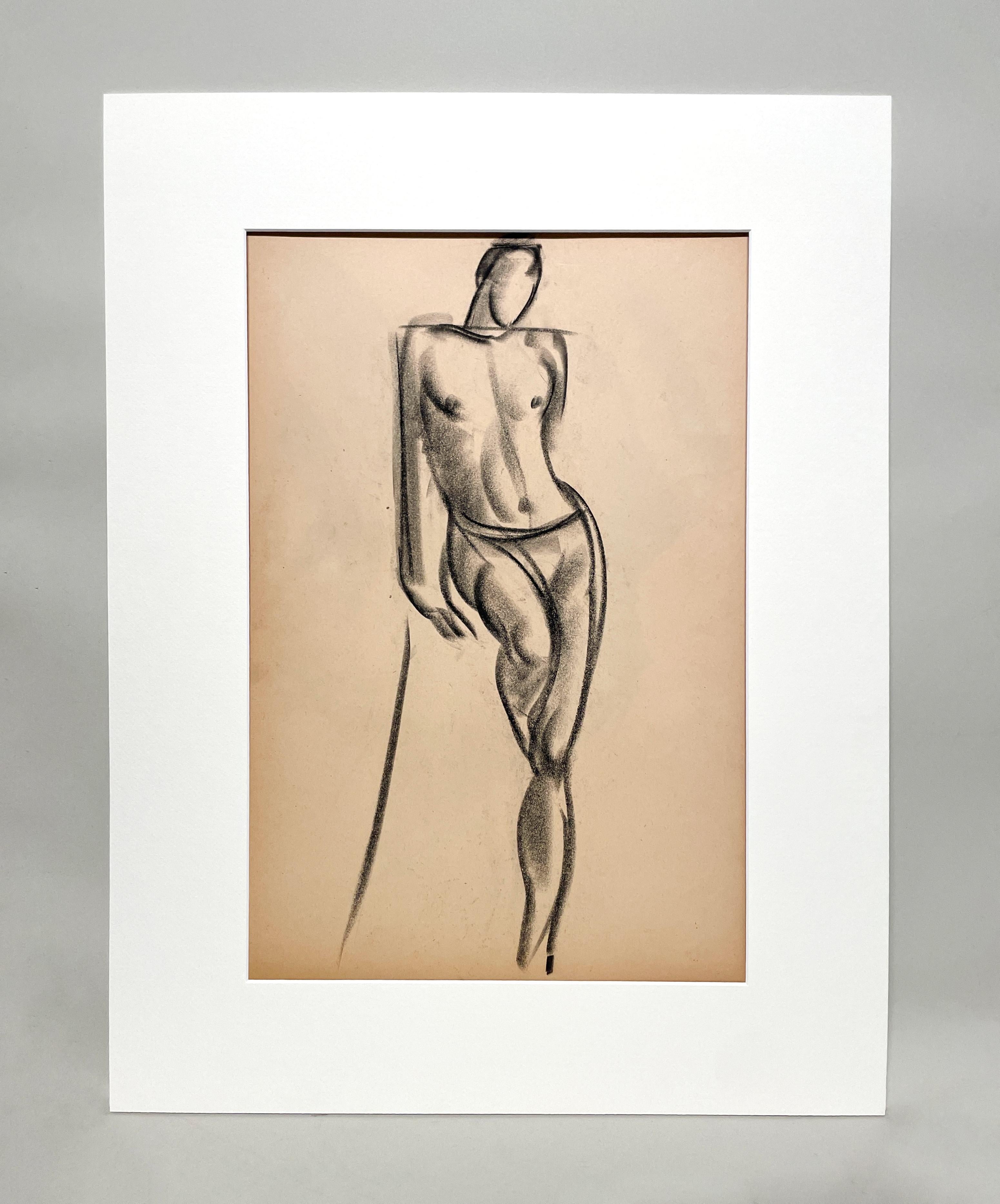 A Fine 1930s, Art Deco Modern Academic Figure Study Drawing, Standing Male Model - Beige Nude by Harold Haydon