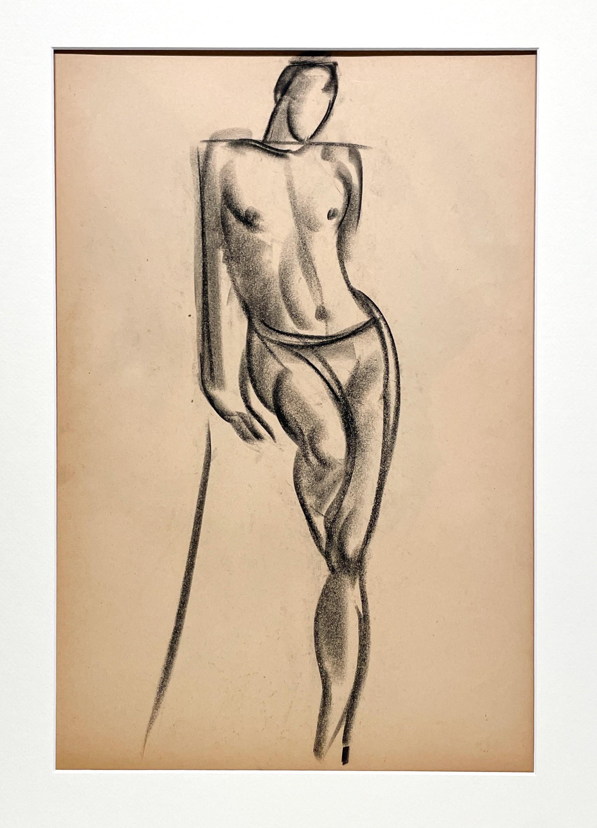 A Fine 1930s, Art Deco Modern Academic Figure Study Drawing of a Standing Male Nude Model by Notable Chicago Artist, Harold Haydon (Am. 1909-1994).  An exceptionally well executed early 1930s charcoal drawing by Haydon highlighting his refined and