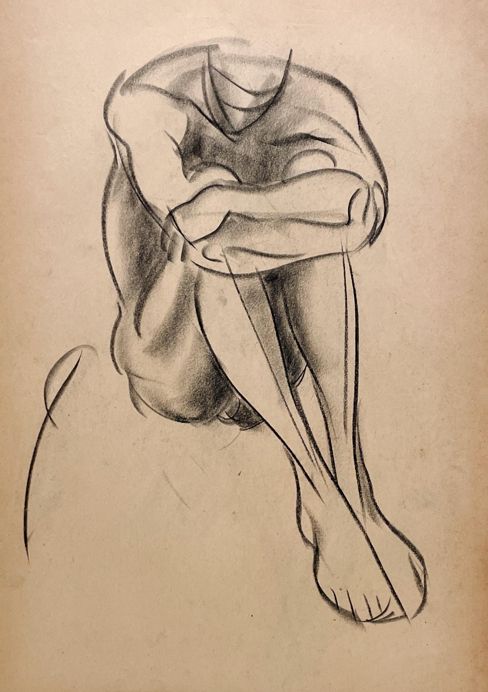 A Fine 1930s, Modern Academic Figure Study Drawing, Seated Male Model, Young Man