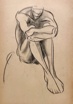 A Fine 1930s, Modern Academic Figure Study Drawing, Seated Male Model, Young Man