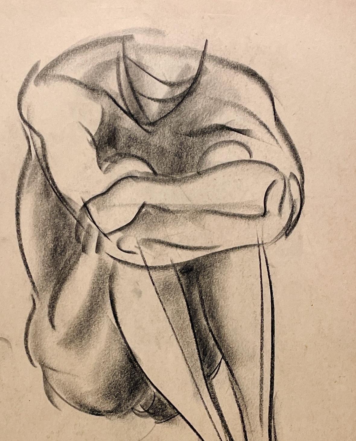 Un raffinato disegno di studio di figura accademica moderna degli anni '30, con un modello di nudo maschile seduto (schiena) del noto artista di Chicago Harold Haydon (Am. 1909-1994).  Un disegno a carboncino di Haydon dei primi anni '30,