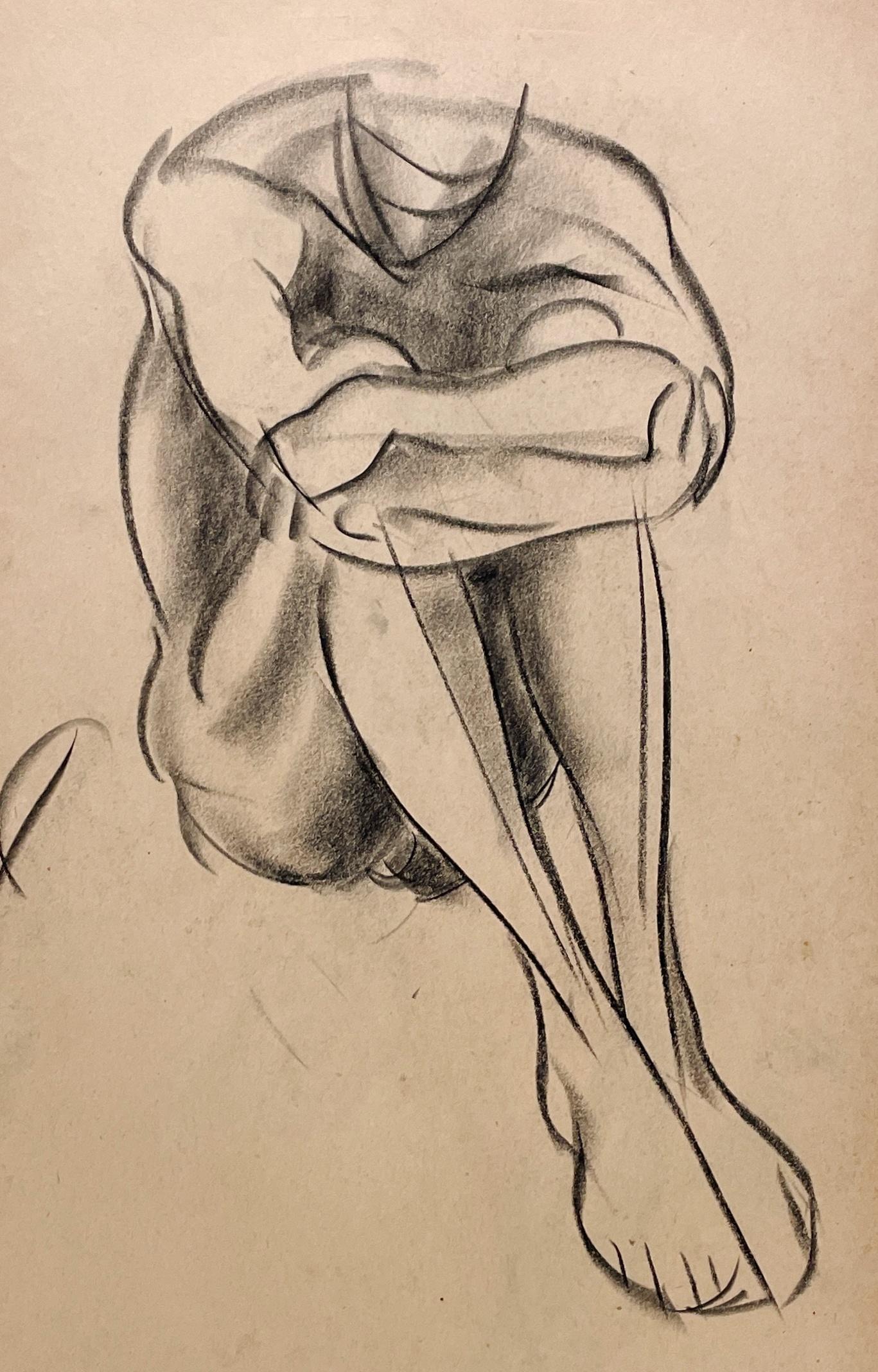 Un raffinato disegno di studio di figura accademica moderna degli anni '30, modello maschile seduto, giovane uomo - Figurative Art Beige di Harold Haydon