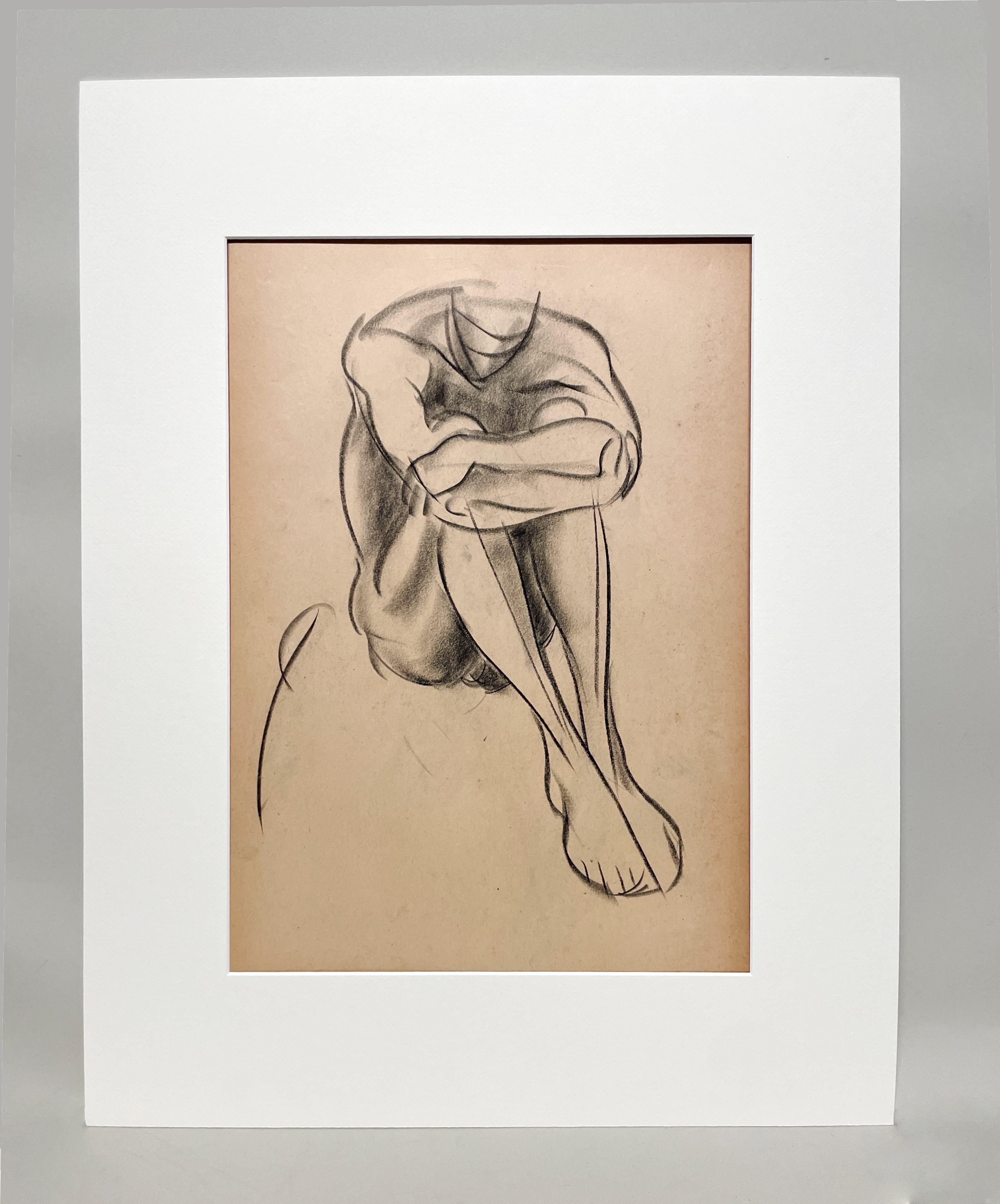 Un raffinato disegno di studio di figura accademica moderna degli anni '30, modello maschile seduto, giovane uomo - Art di Harold Haydon